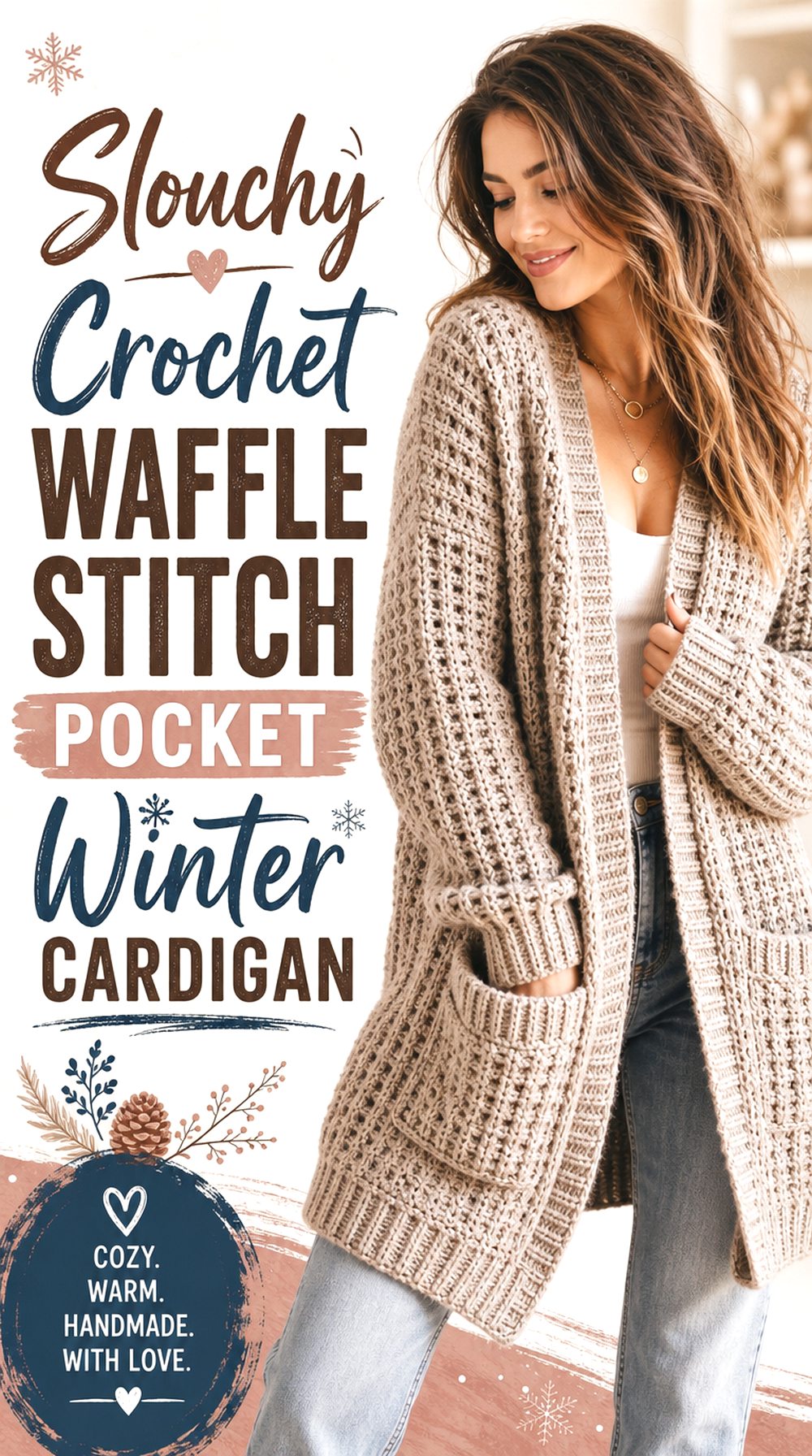 Slouchy Crochet Waffle Stitch Pocket Winter Cardigan