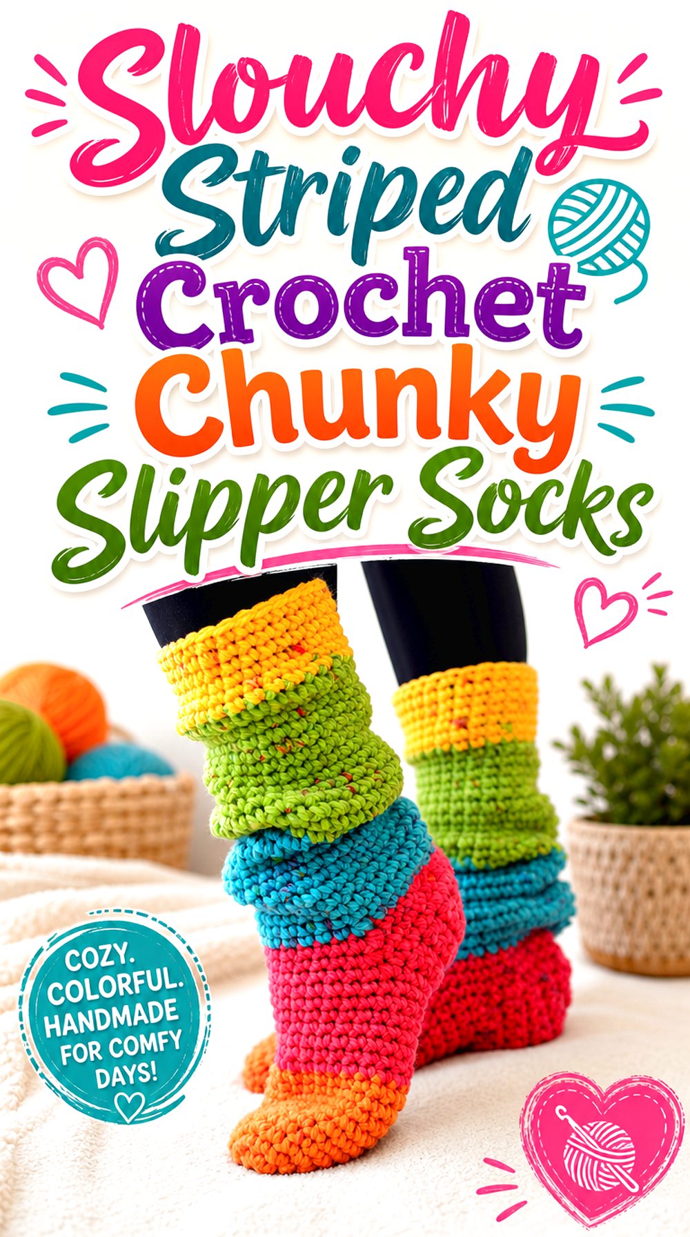 Slouchy Striped Crochet Chunky Slipper Socks