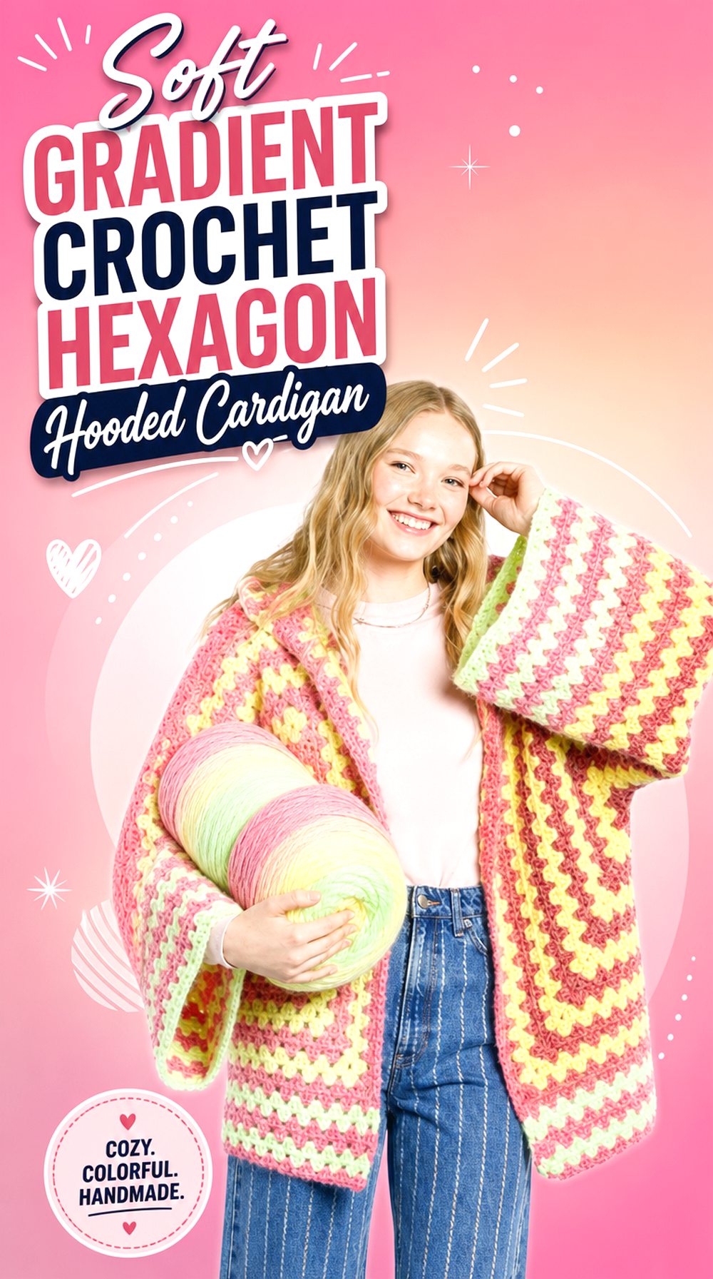 Soft Gradient Crochet Hexagon Hooded Cardigan