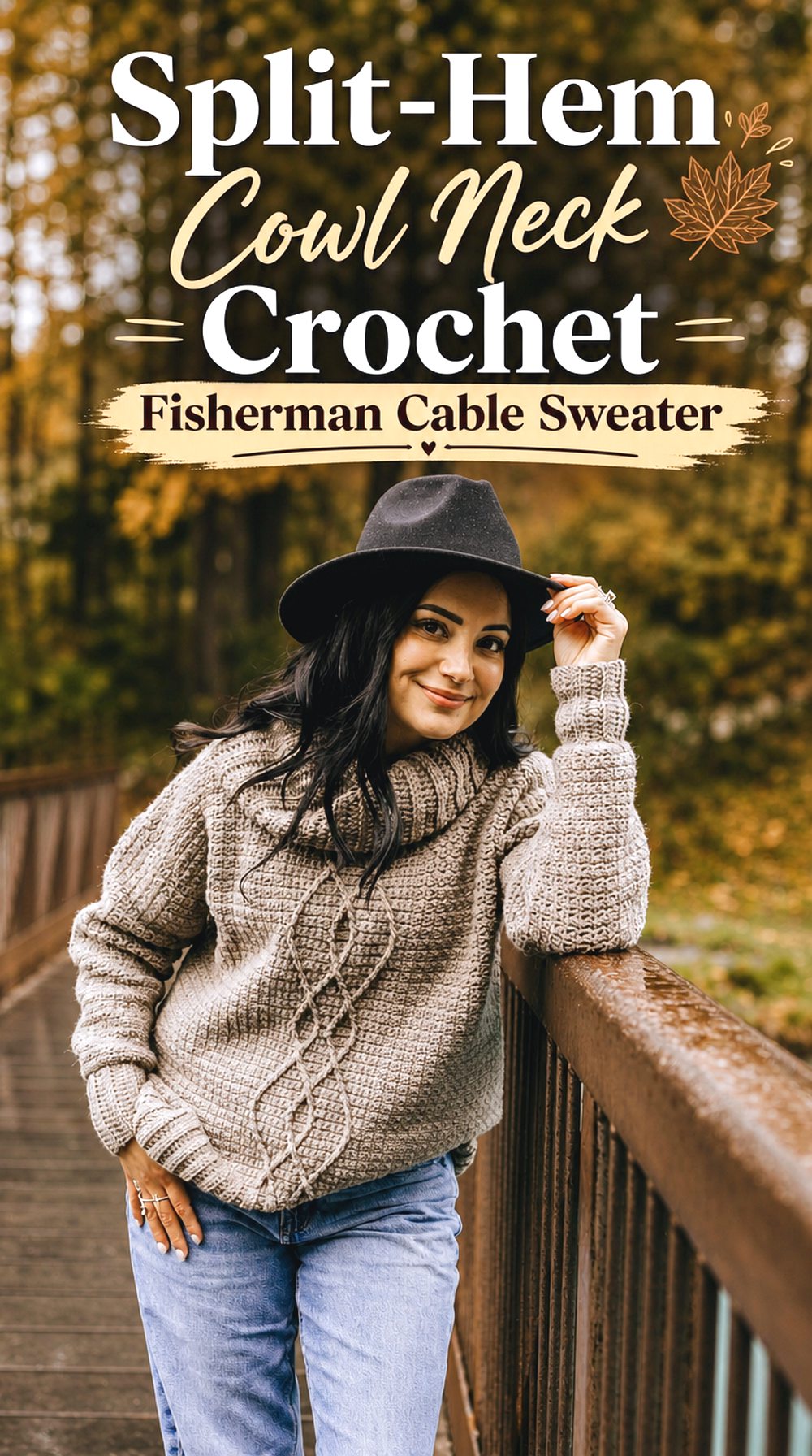 Split Hem Cowl Neck Crochet Fisherman Cable Sweater