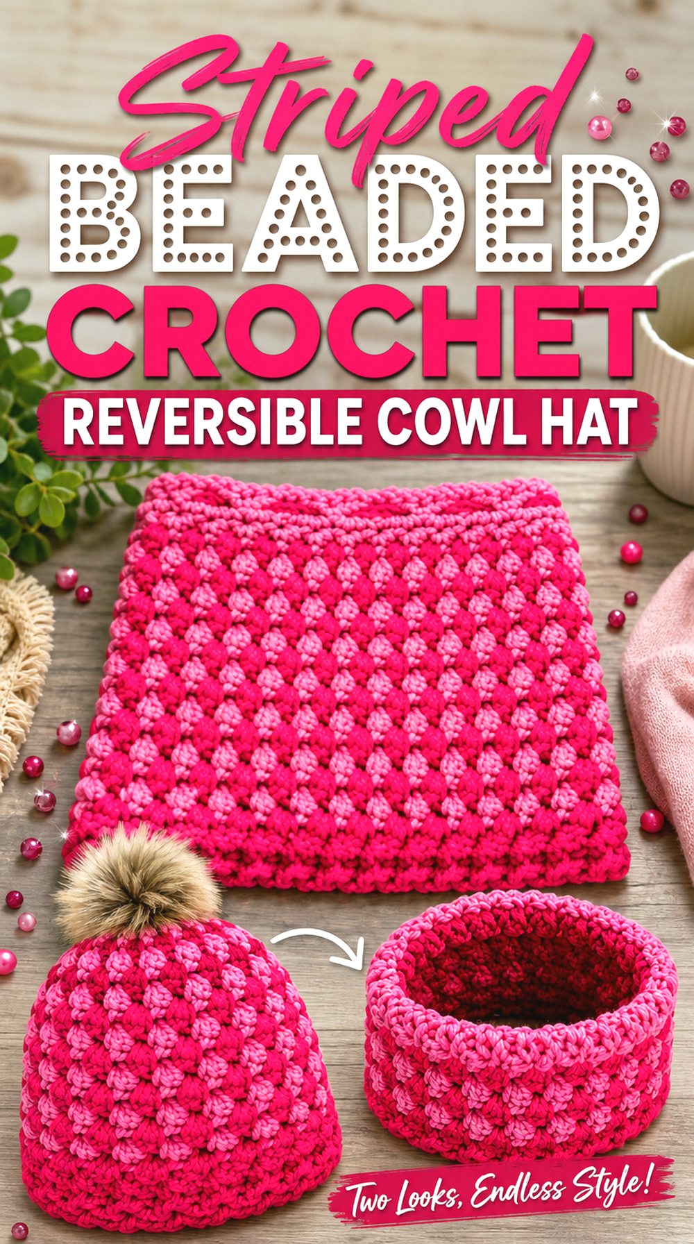 Striped Beaded Crochet Reversible Cowl Hat