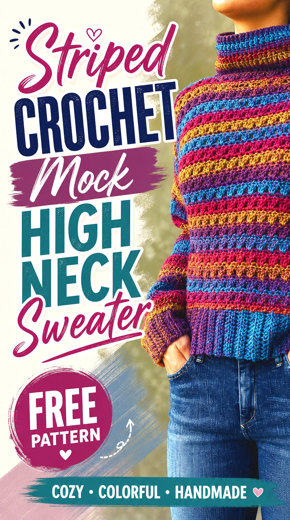Striped Crochet Mock High Neck Sweater