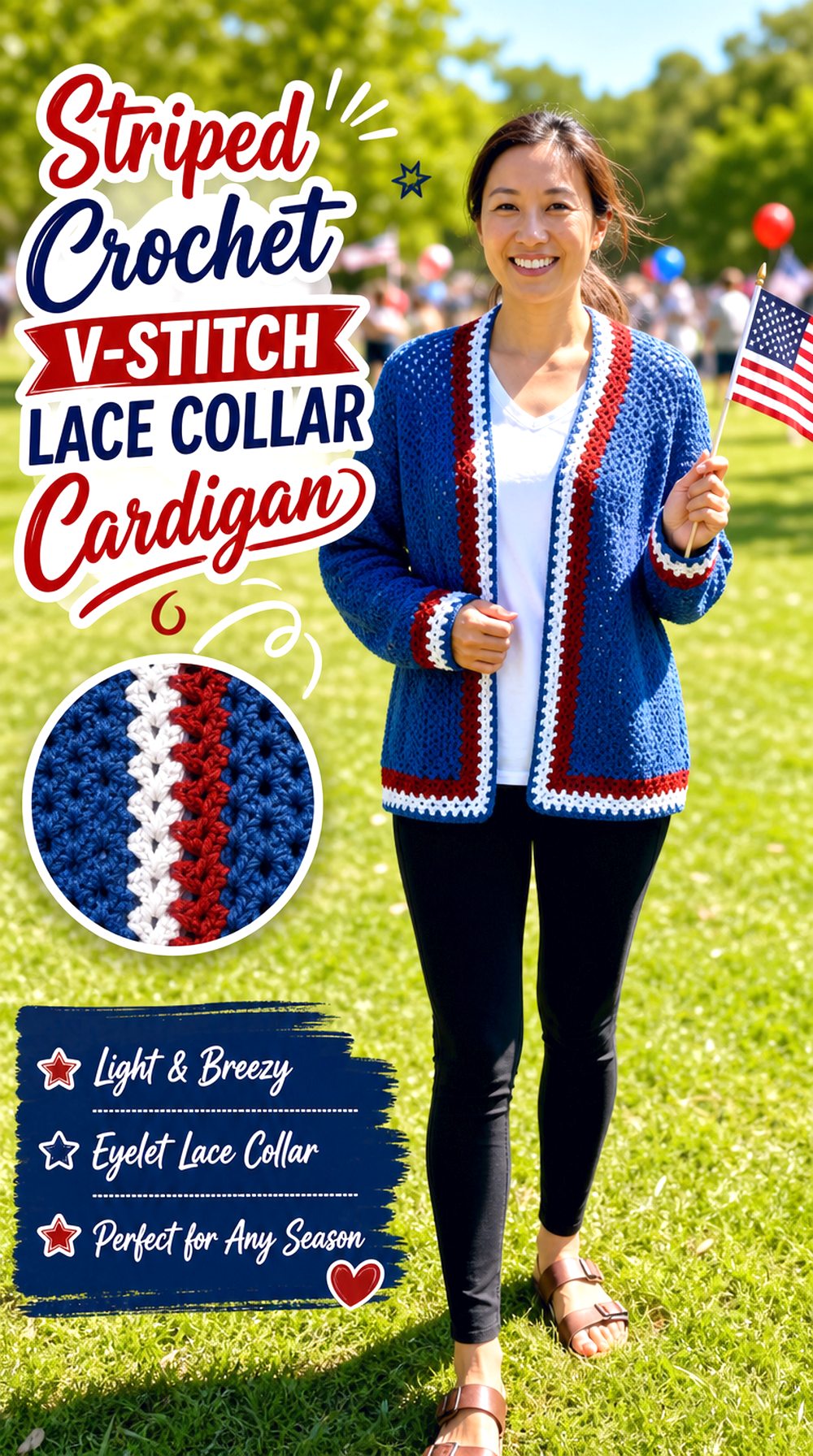 Striped Crochet V Stitch Lace Collar Cardigan