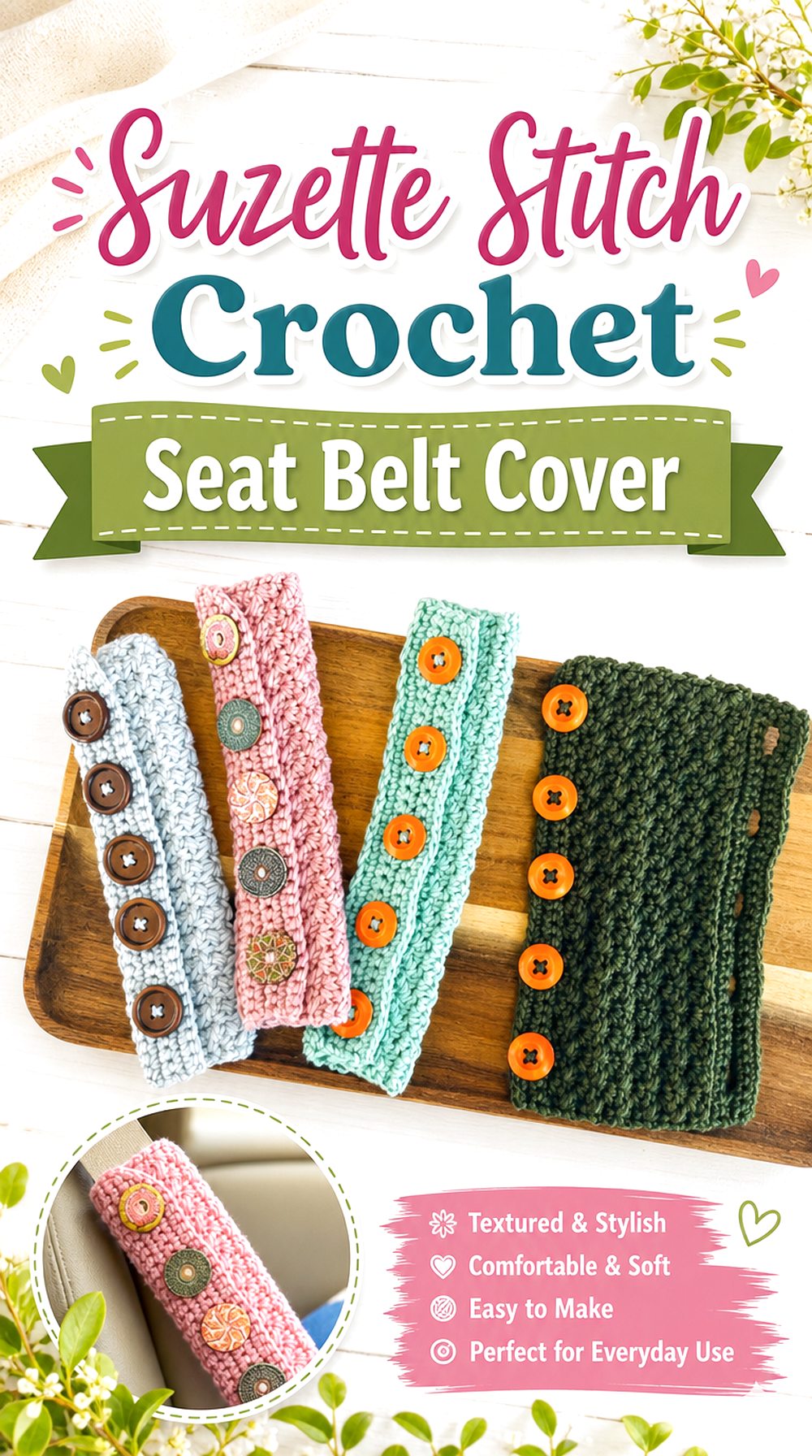 Suzette Stitch Crochet Seat Belt Cover