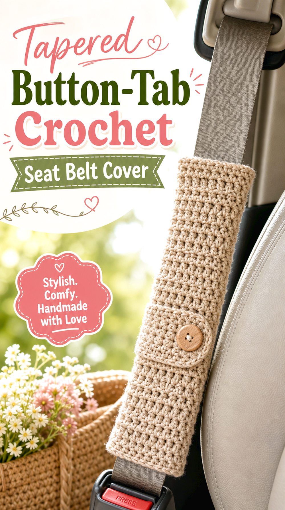 Tapered Button Tab Crochet Seat Belt Cover
