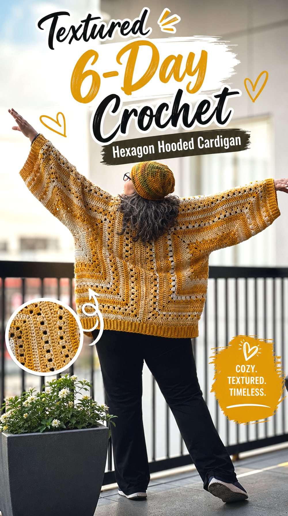 Textured Day Crochet Hexagon Hooded Cardigan