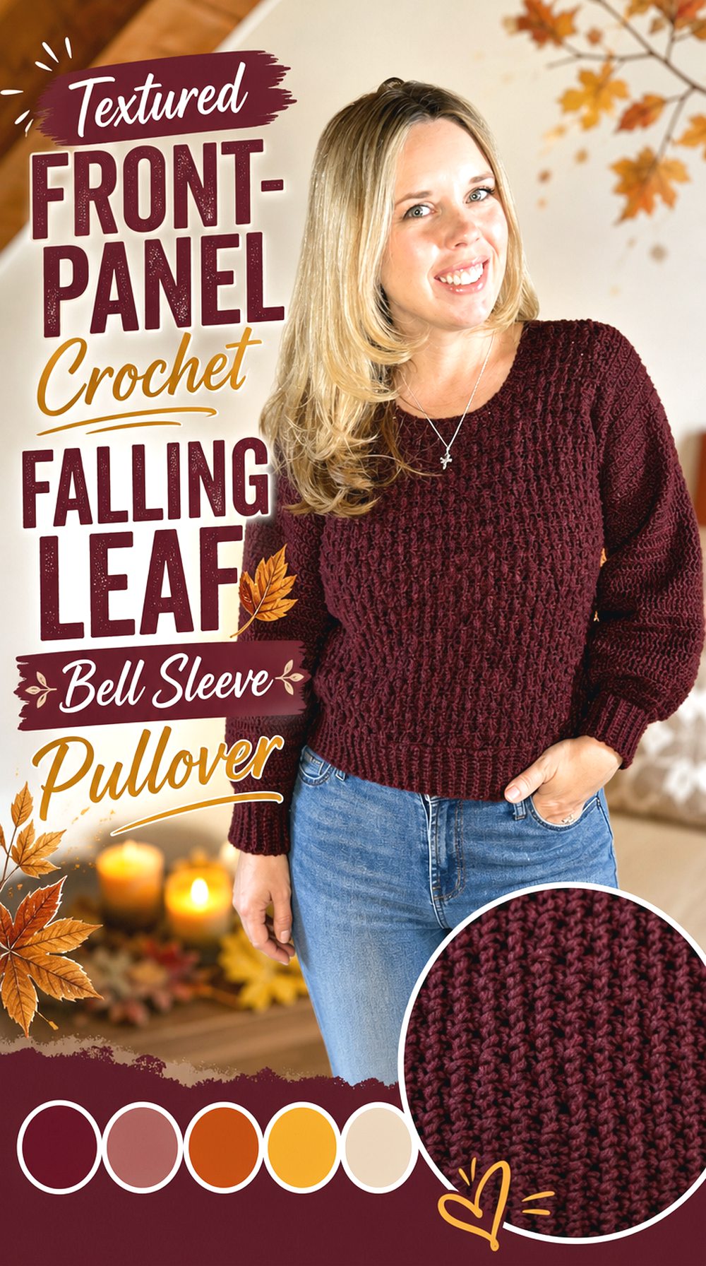 Textured Front Panel Crochet Falling Leaf Bell Sleeve Pullover
