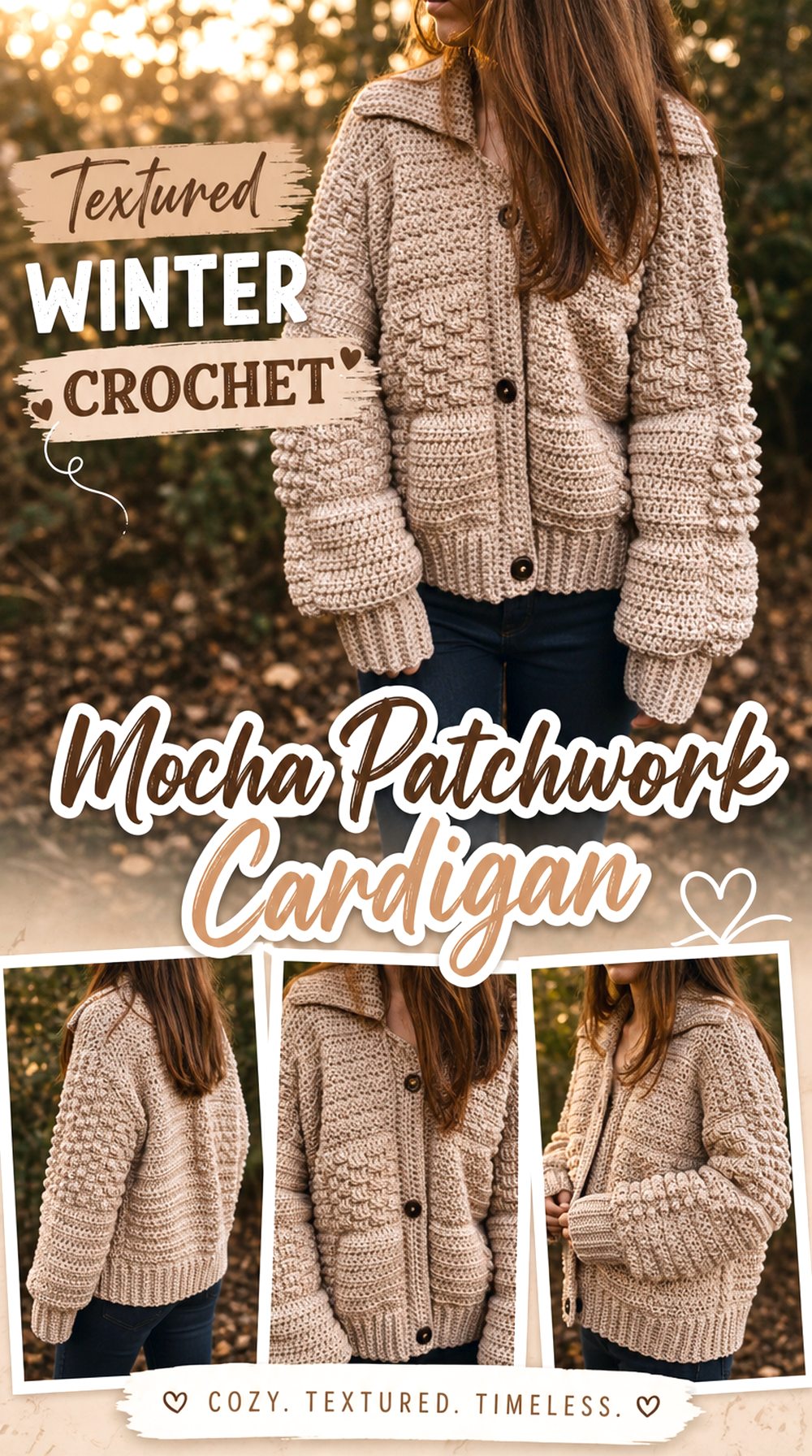 Textured Winter Crochet Mocha Patchwork Cardigan