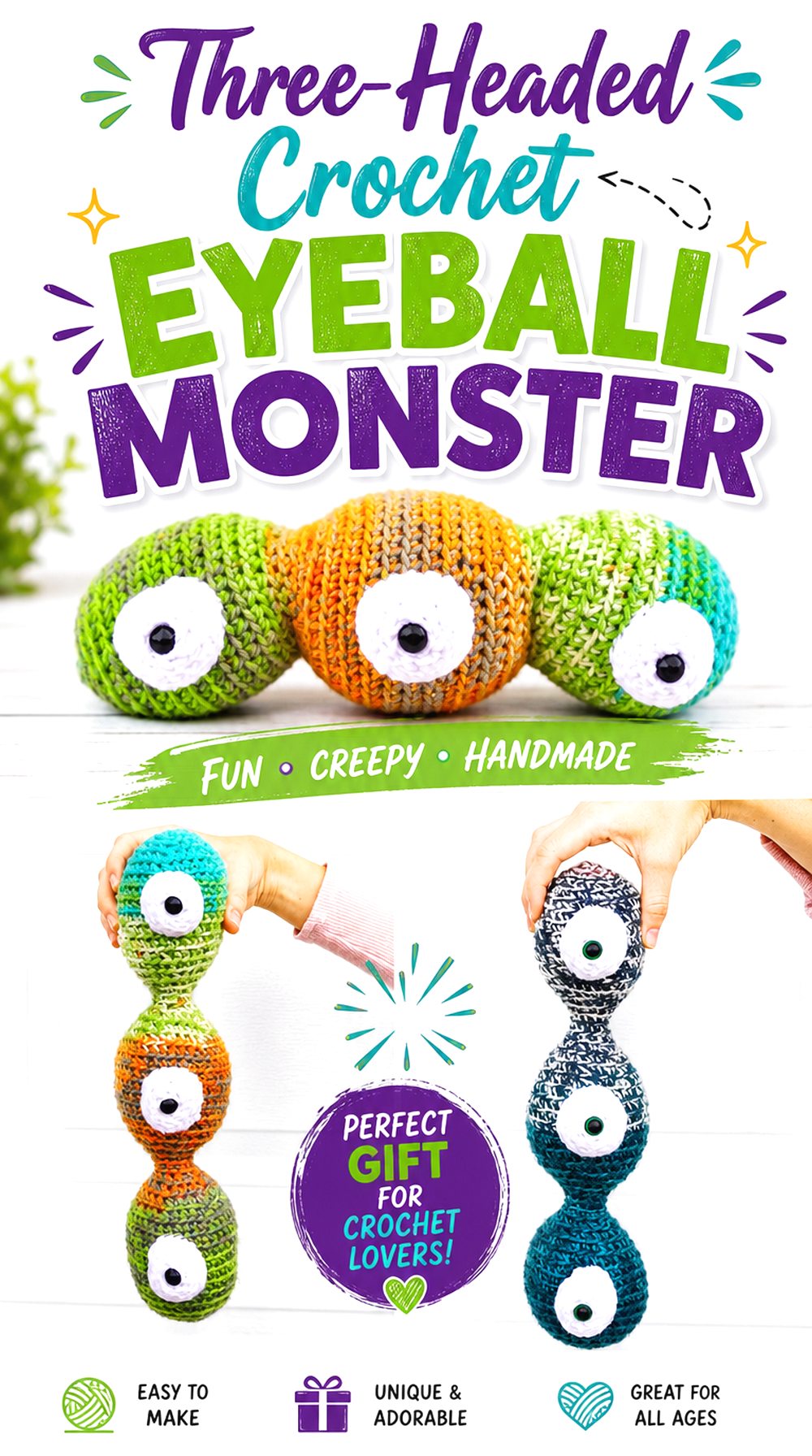 Three Headed Crochet Eyeball Monster