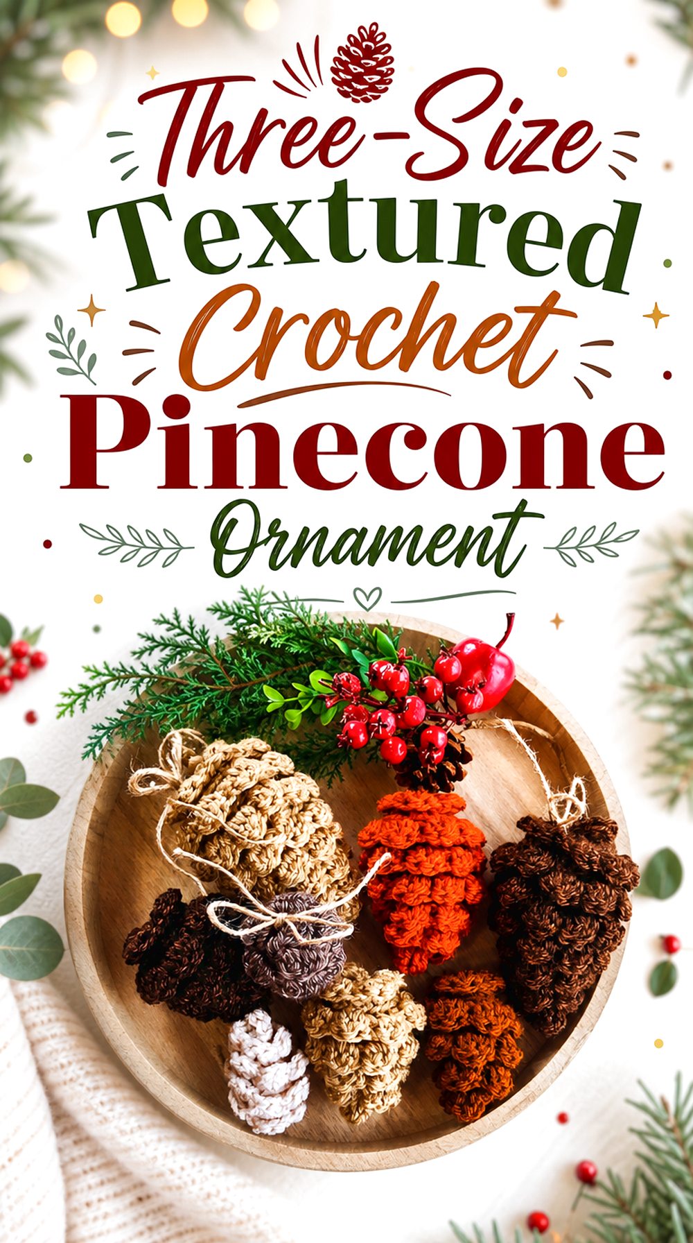 Three Size Textured Crochet Pinecone Ornament