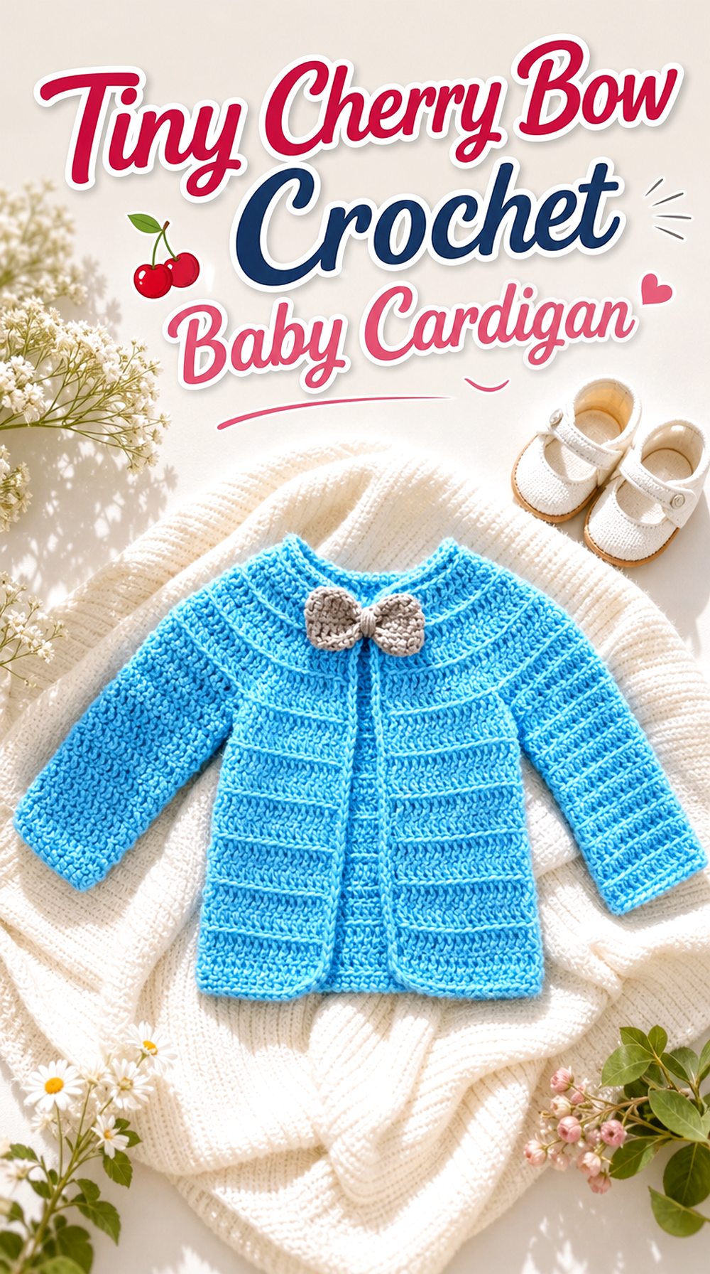 Tiny Cherry Bow Crochet Baby Cardigan
