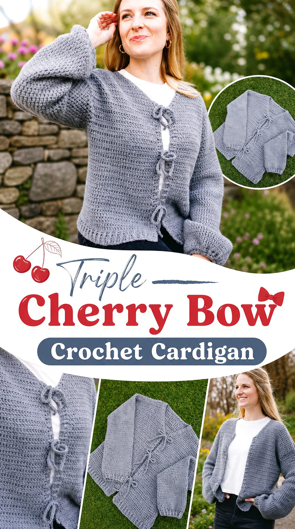 Triple Cherry Bow Crochet Cardigan