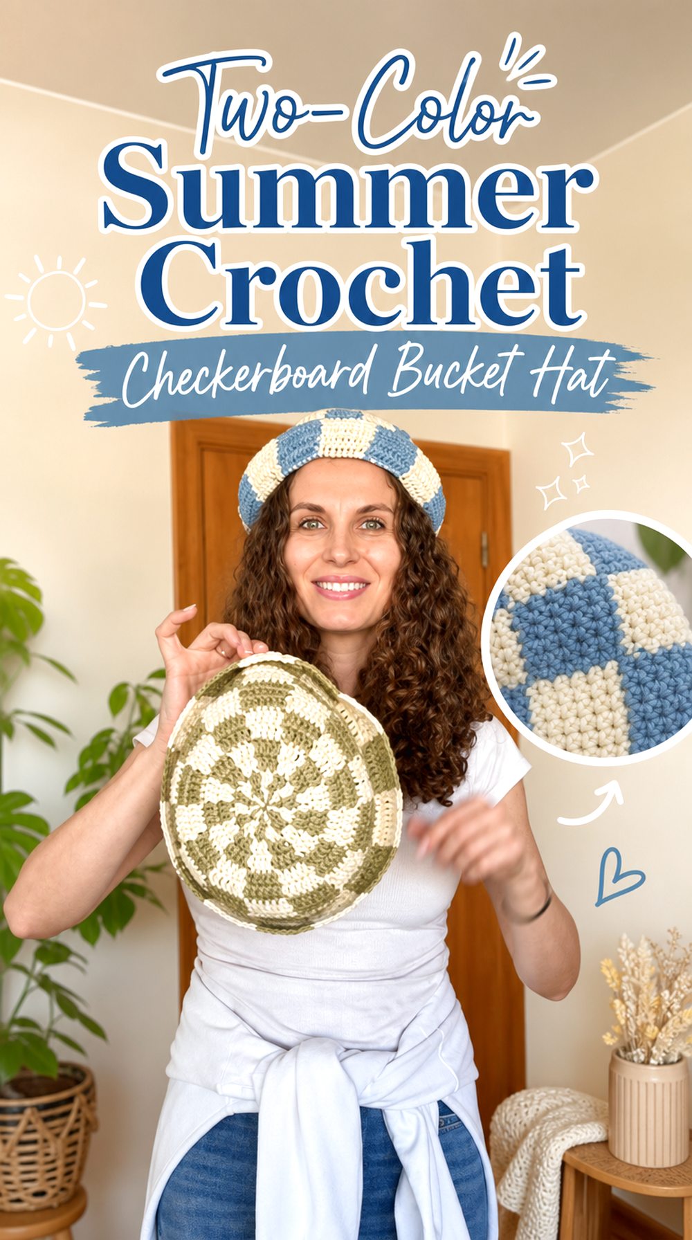 Two Color Summer Crochet Checkerboard Bucket Hat