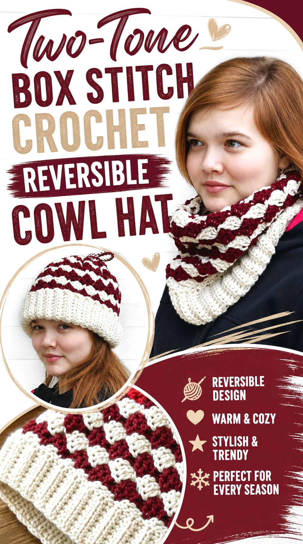 Two Tone Box Stitch Crochet Reversible Cowl Hat