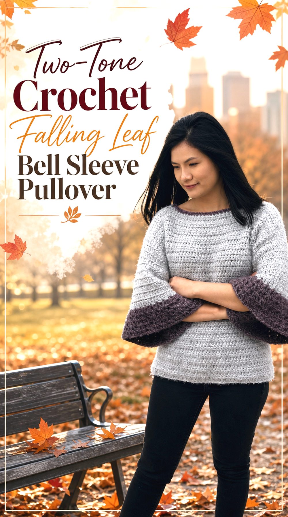 Two Tone Crochet Falling Leaf Bell Sleeve Pullover