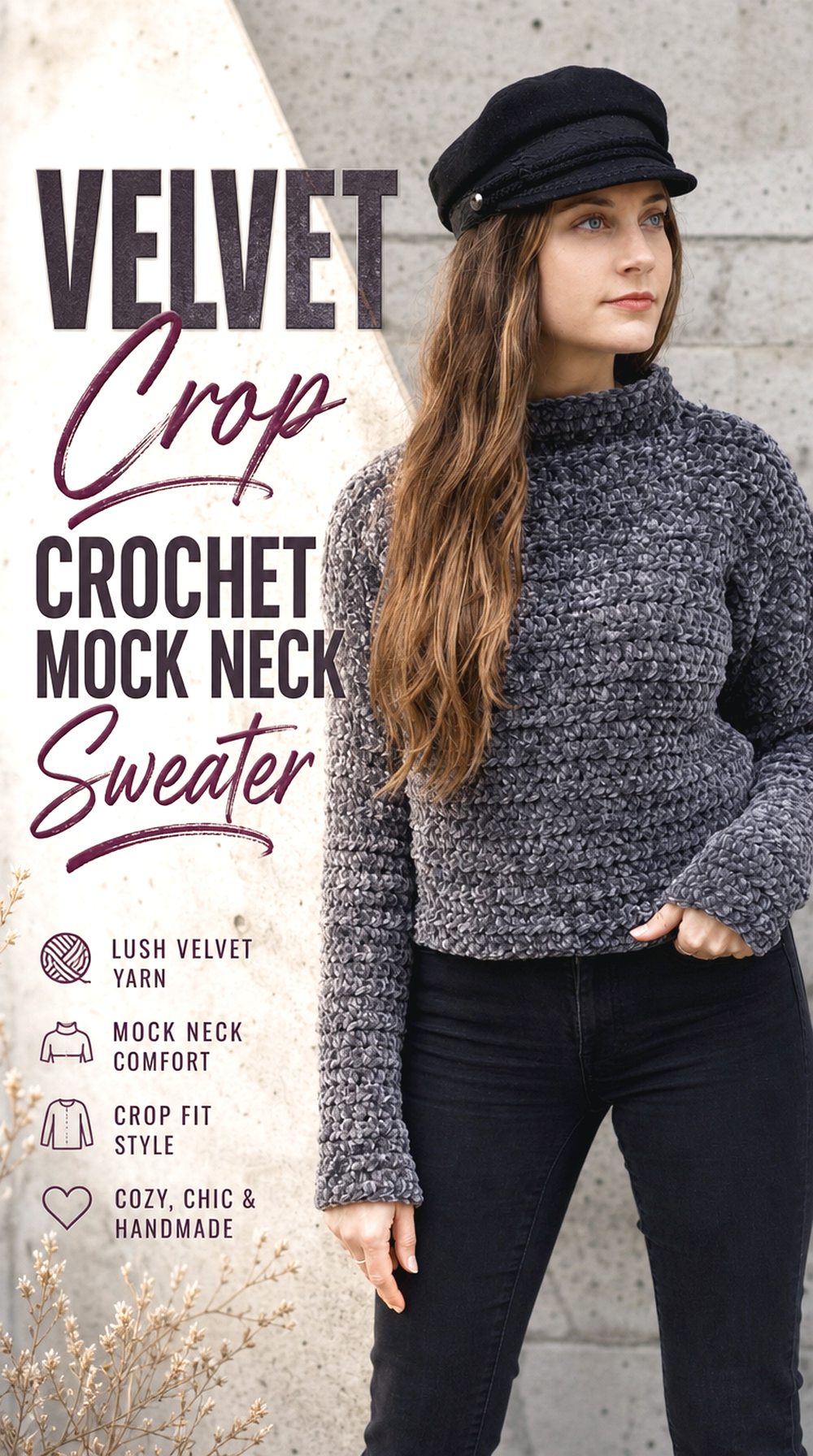 Velvet Crop Crochet Mock Neck Sweater