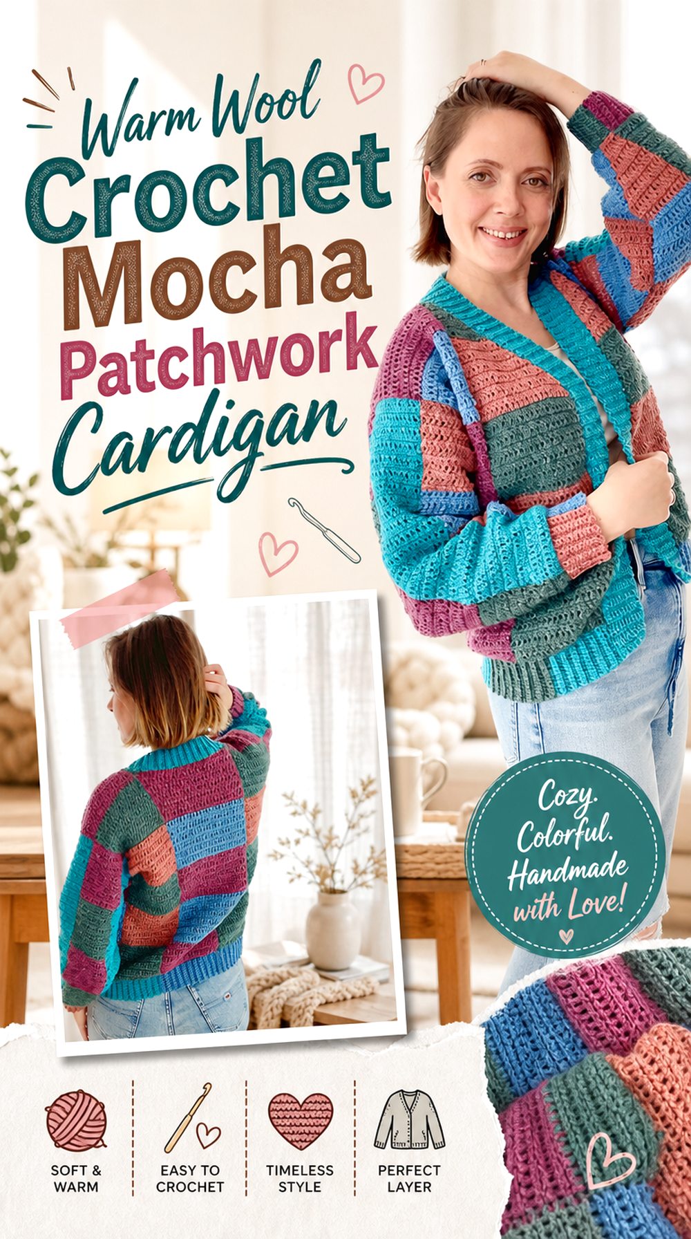 Warm Wool Crochet Mocha Patchwork Cardigan