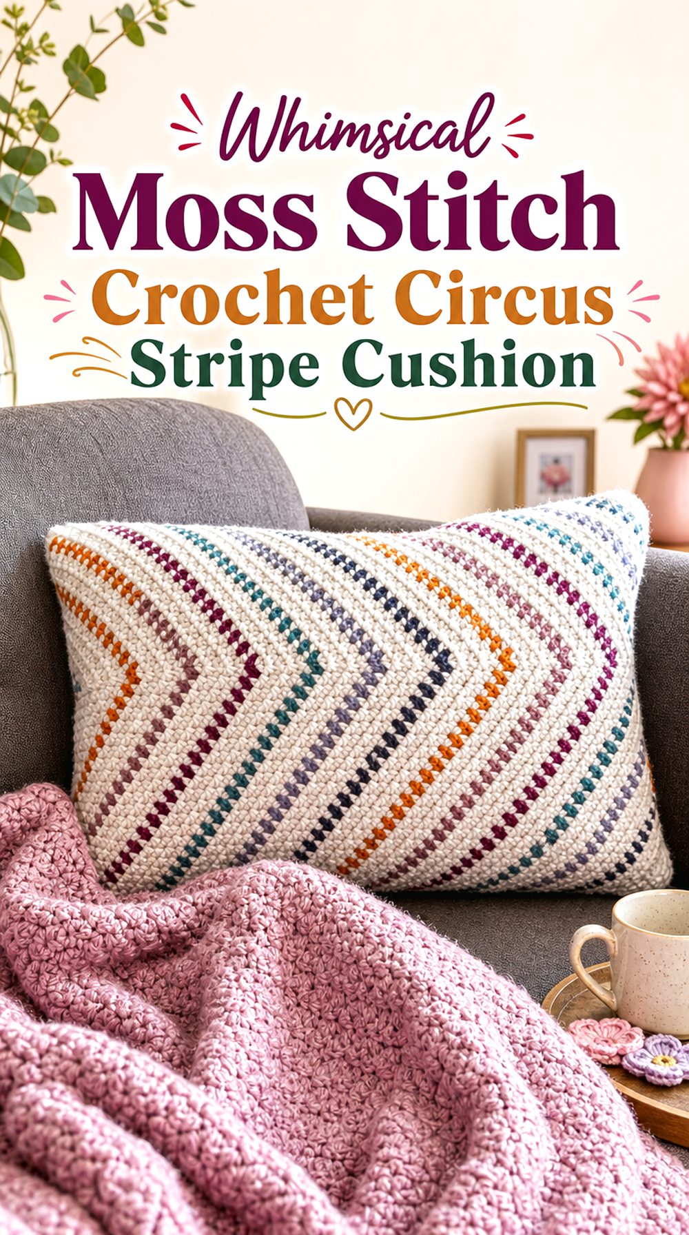 Whimsical Moss Stitch Crochet Circus Stripe Cushion