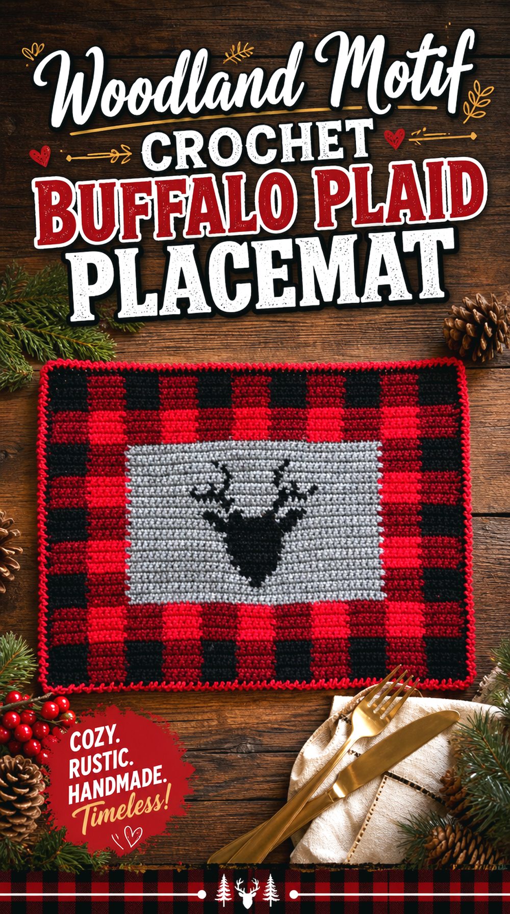 Woodland Motif Crochet Buffalo Plaid Placemat