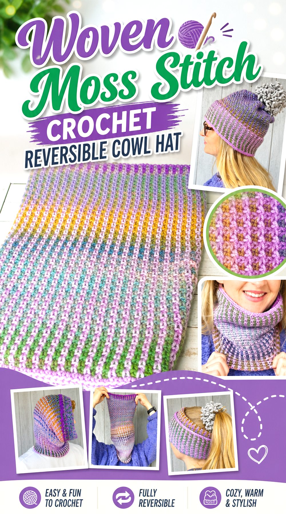 Woven Moss Stitch Crochet Reversible Cowl Hat