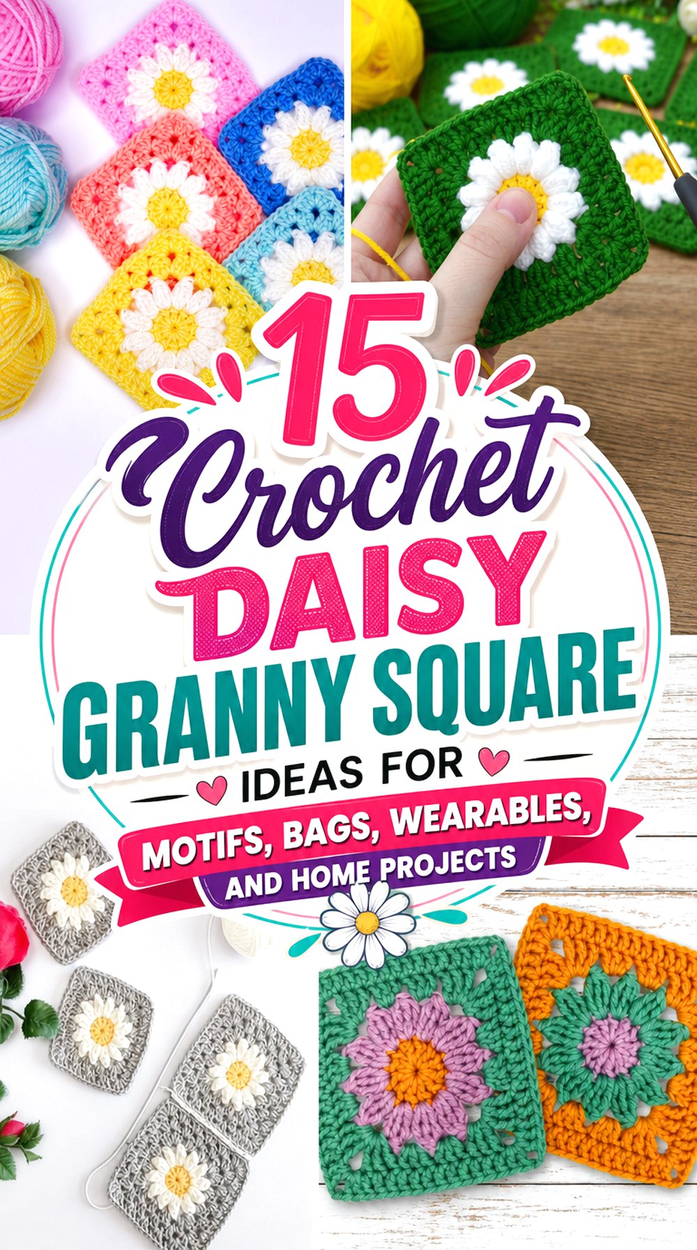 Crochet Daisy Granny Square Ideas for Motifs, Bags, Wearables, and Home Projects