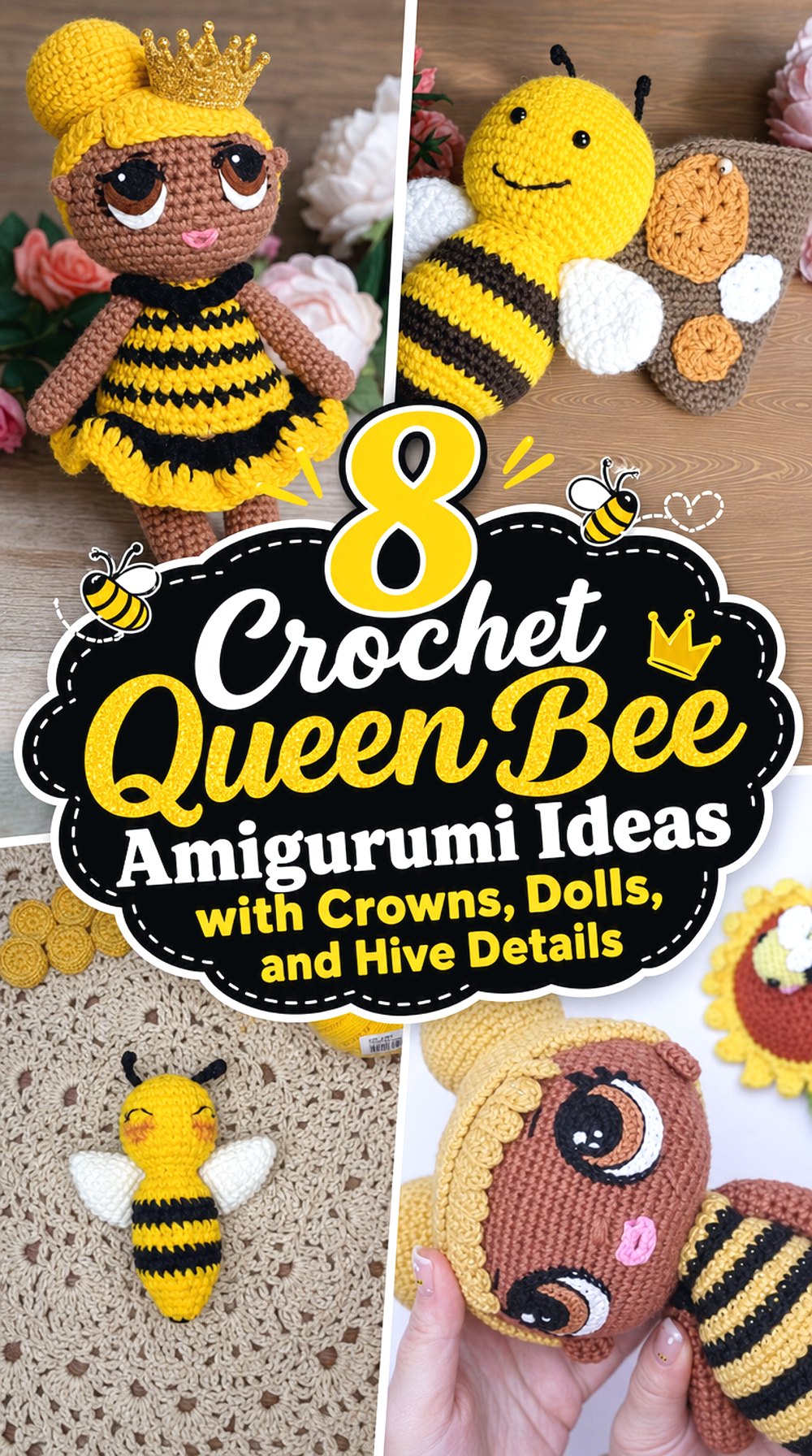 Crochet Queen Bee Amigurumi Ideas with Crowns, Dolls, and Hive Details