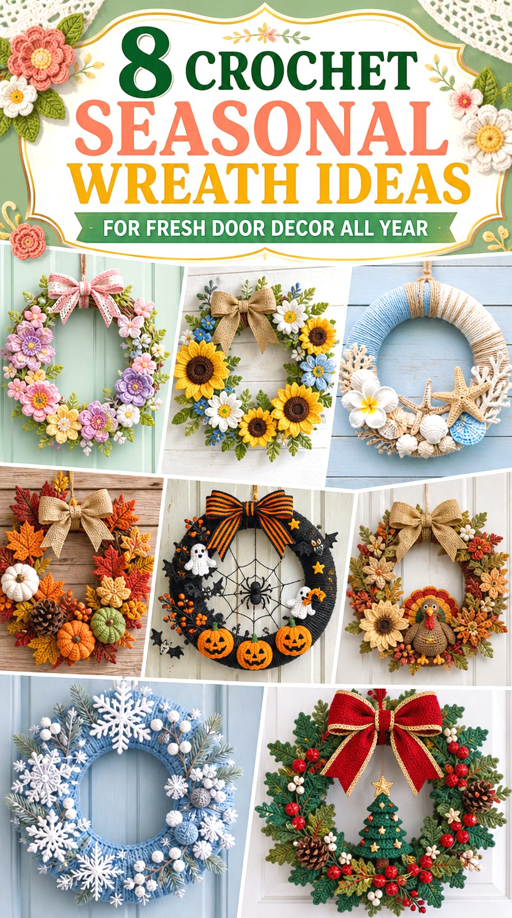 Crochet Seasonal Wreath Ideas for Fresh Door Decor All Year