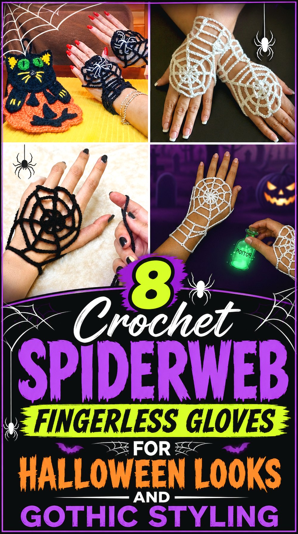 Crochet Spiderweb Fingerless Gloves for Halloween Looks and Gothic Styling