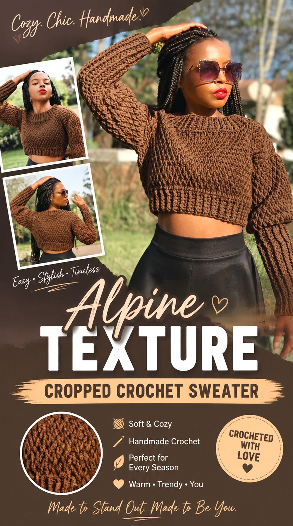 Alpine Texture Cropped Crochet Sweater