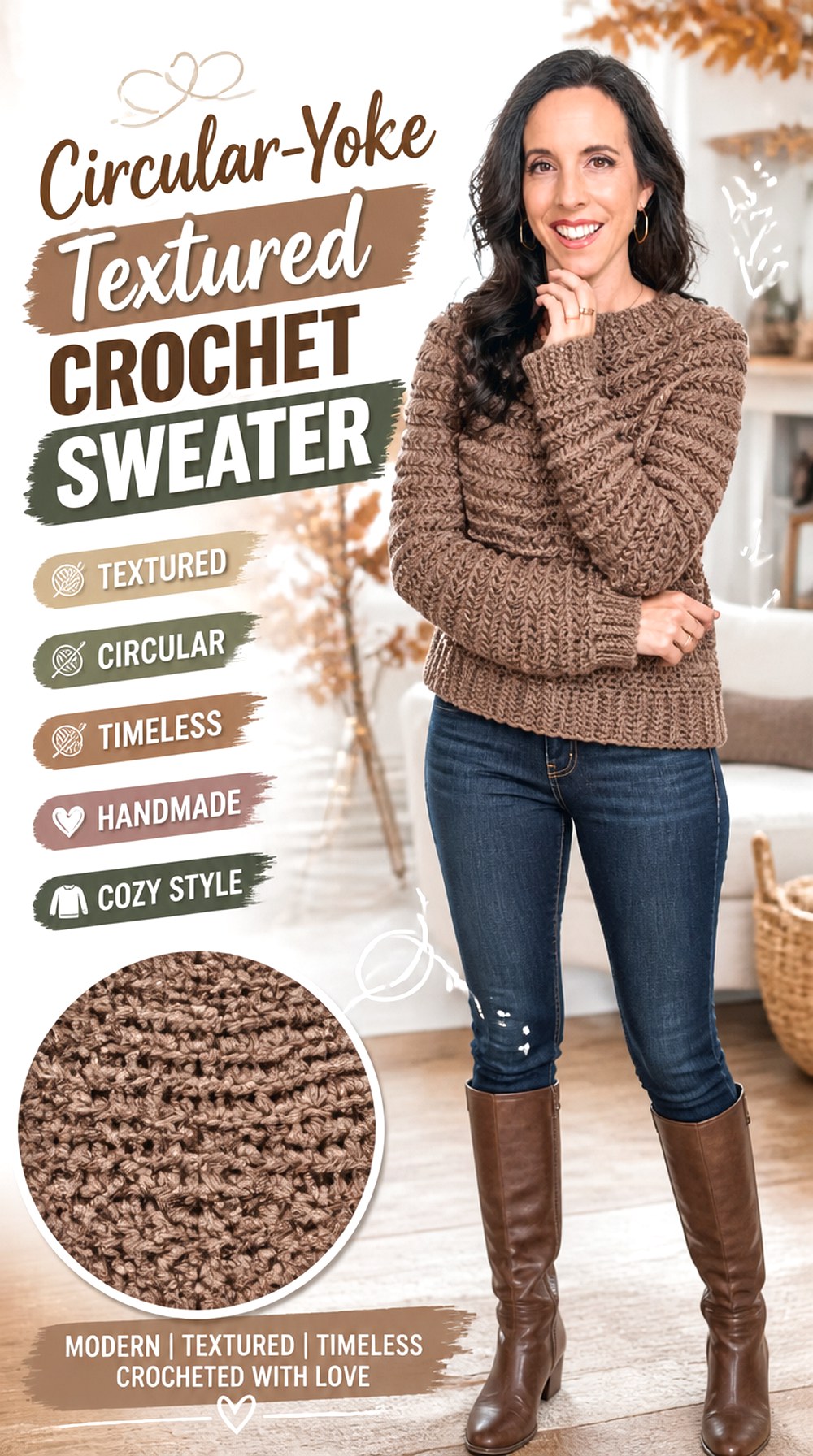 Circular Yoke Textured Crochet Sweater