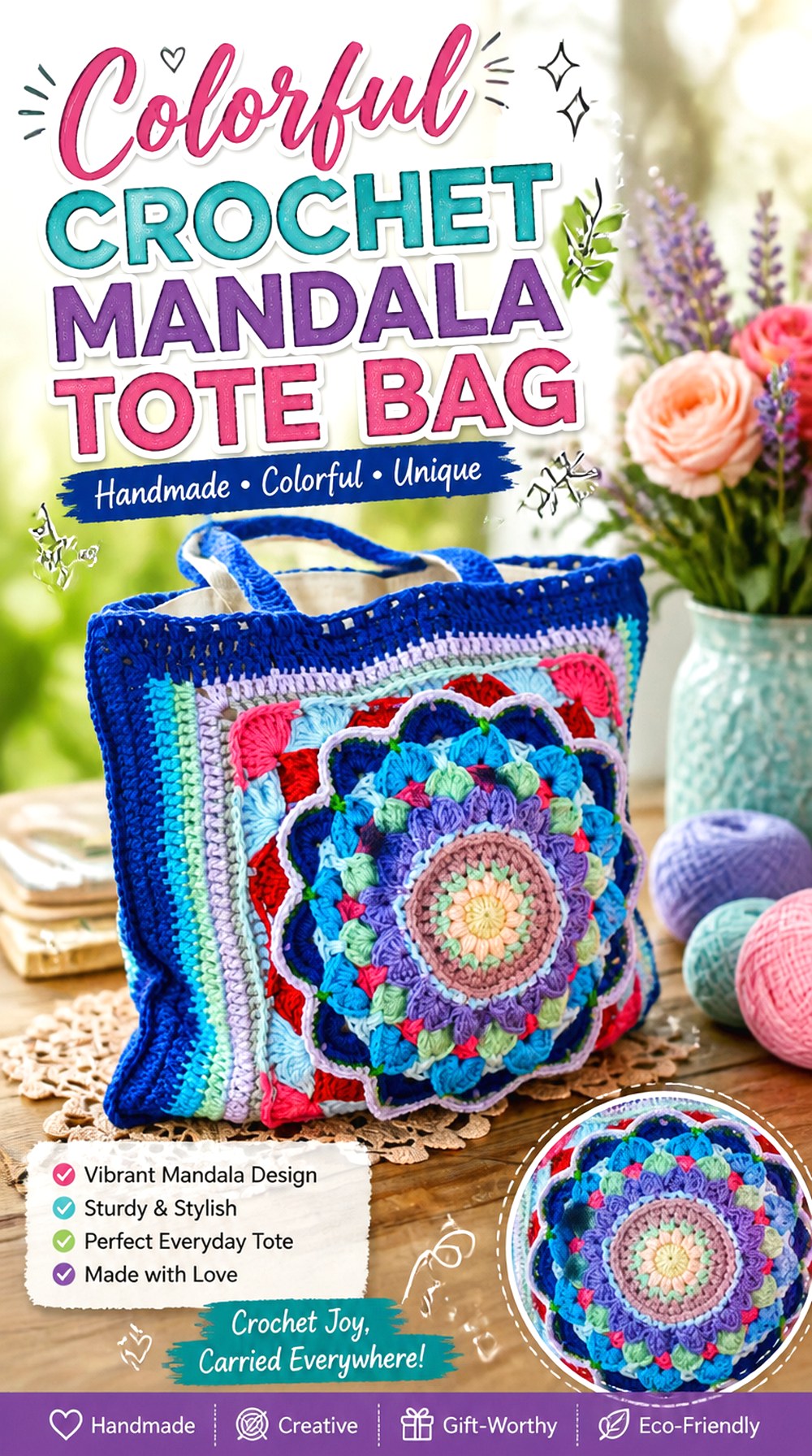 Colorful Crochet Mandala Tote Bag