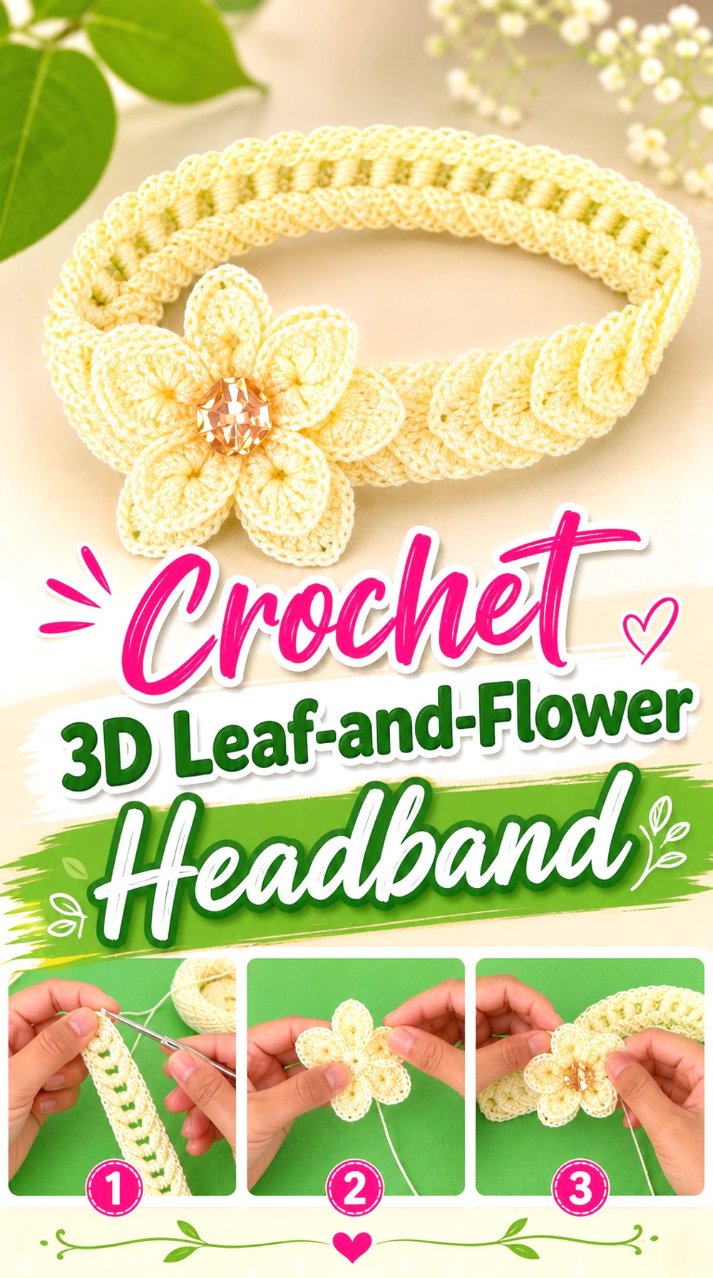 Crochet D Leaf and Flower Headband