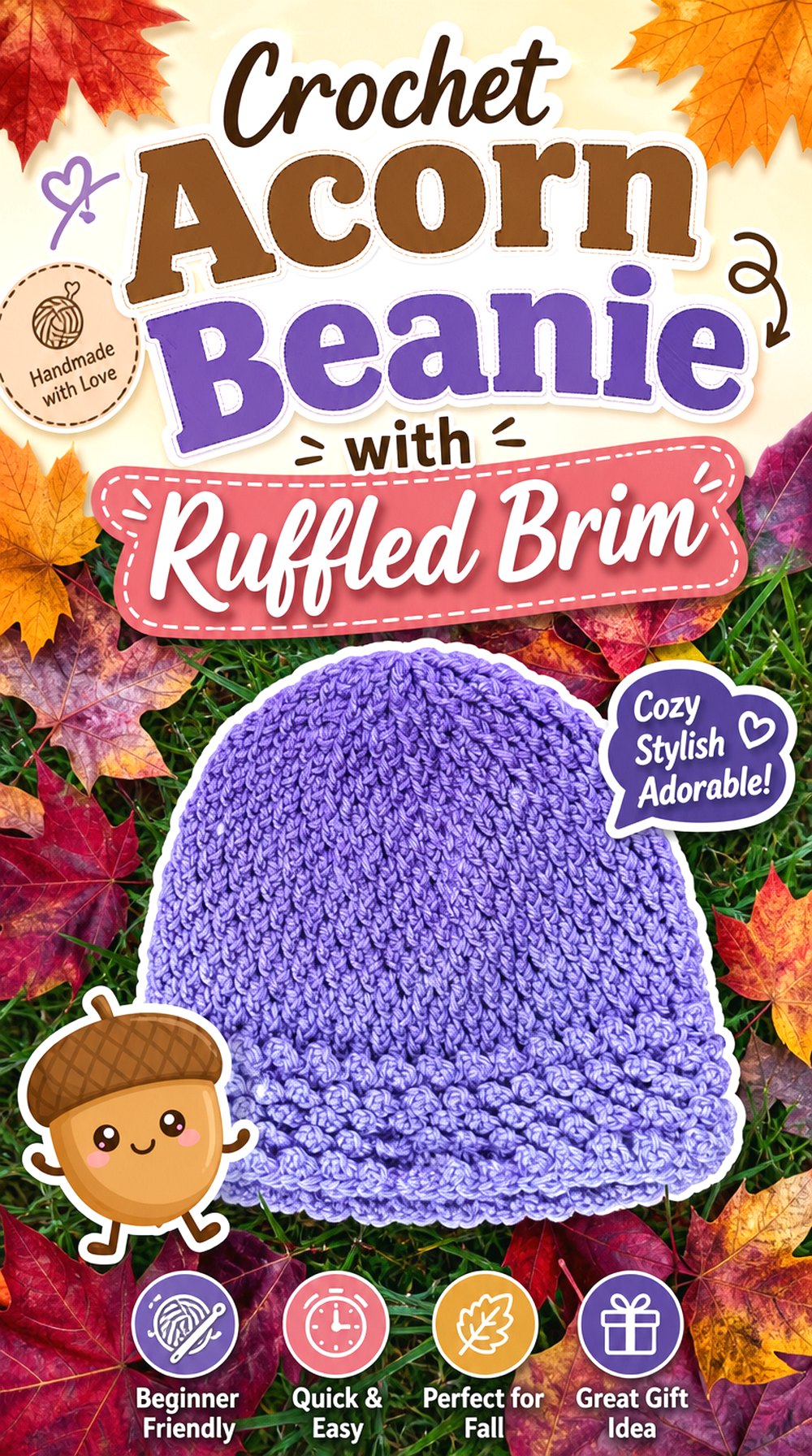 Crochet Acorn Beanie with Ruffled Brim