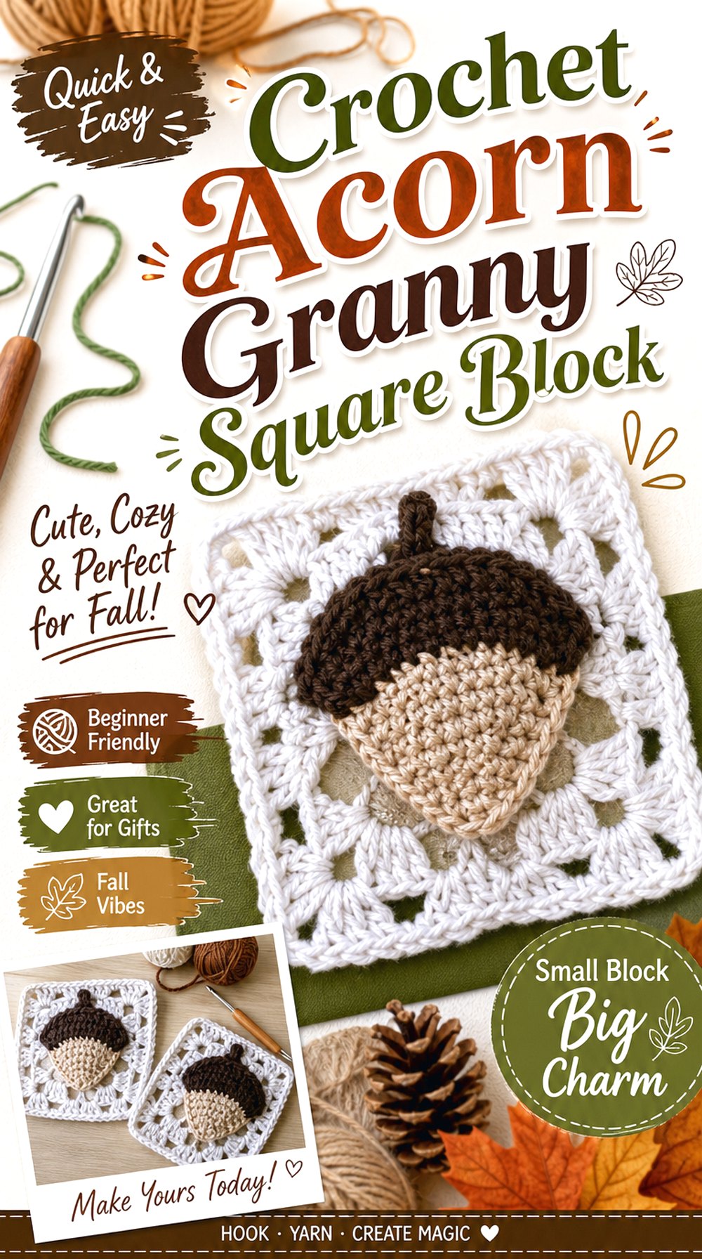 Crochet Acorn Granny Square Block