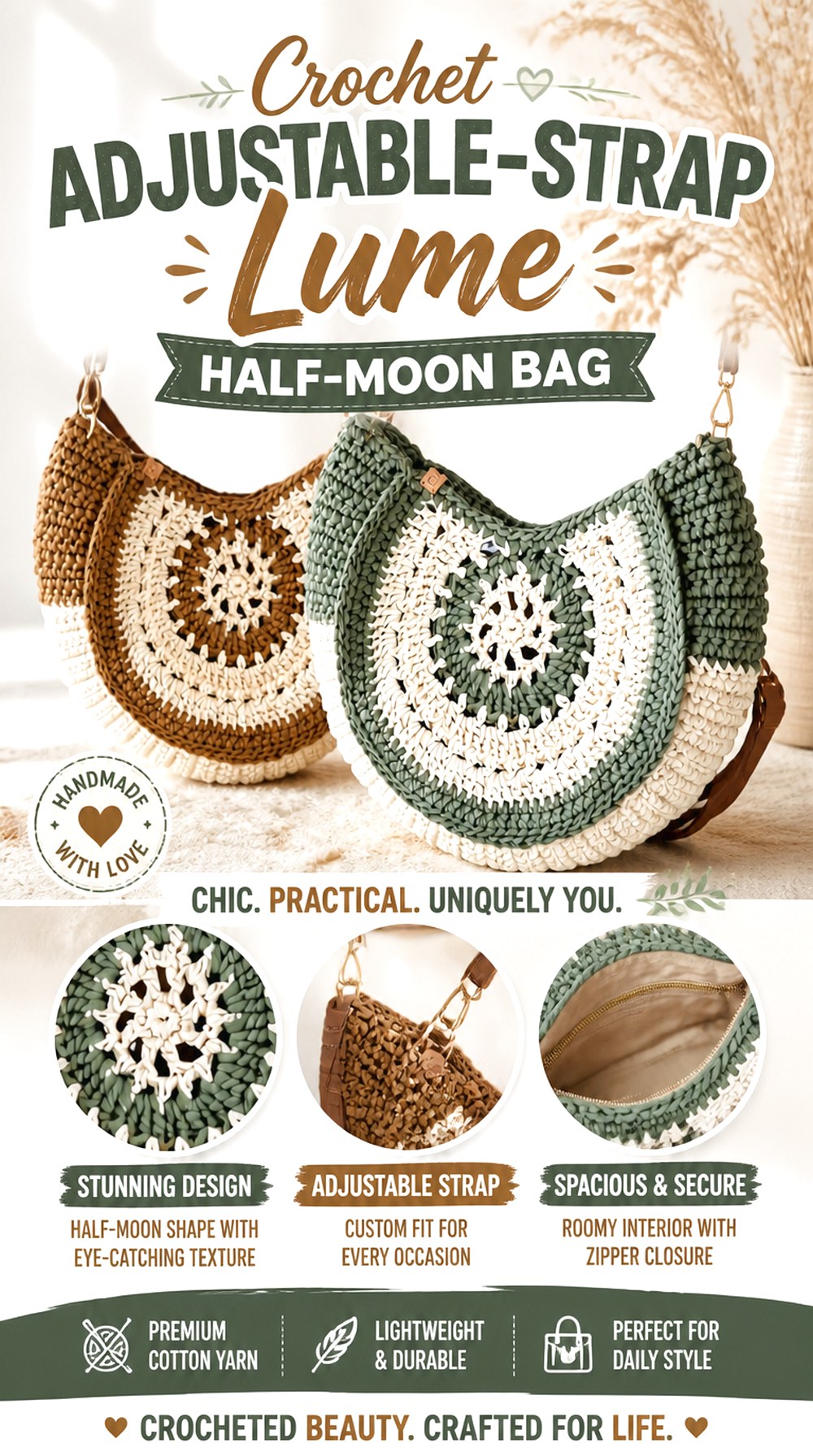 Crochet Adjustable Strap Lume Half Moon Bag
