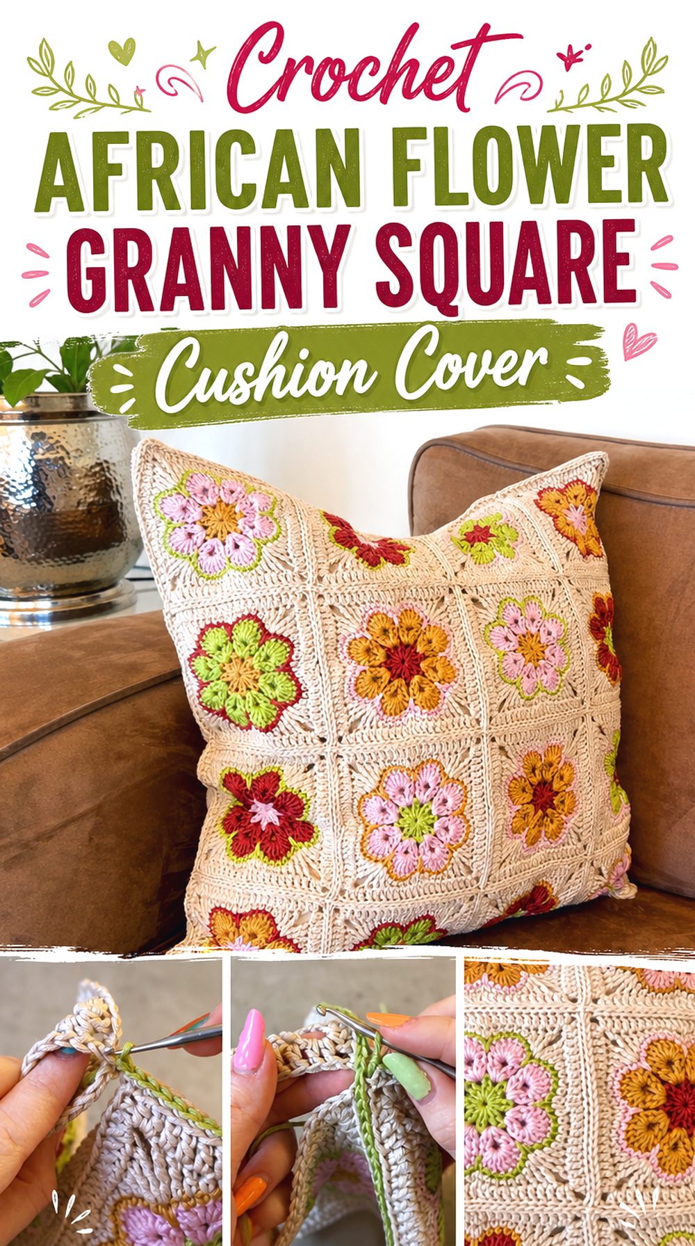 Crochet African Flower Granny Square Cushion Cover