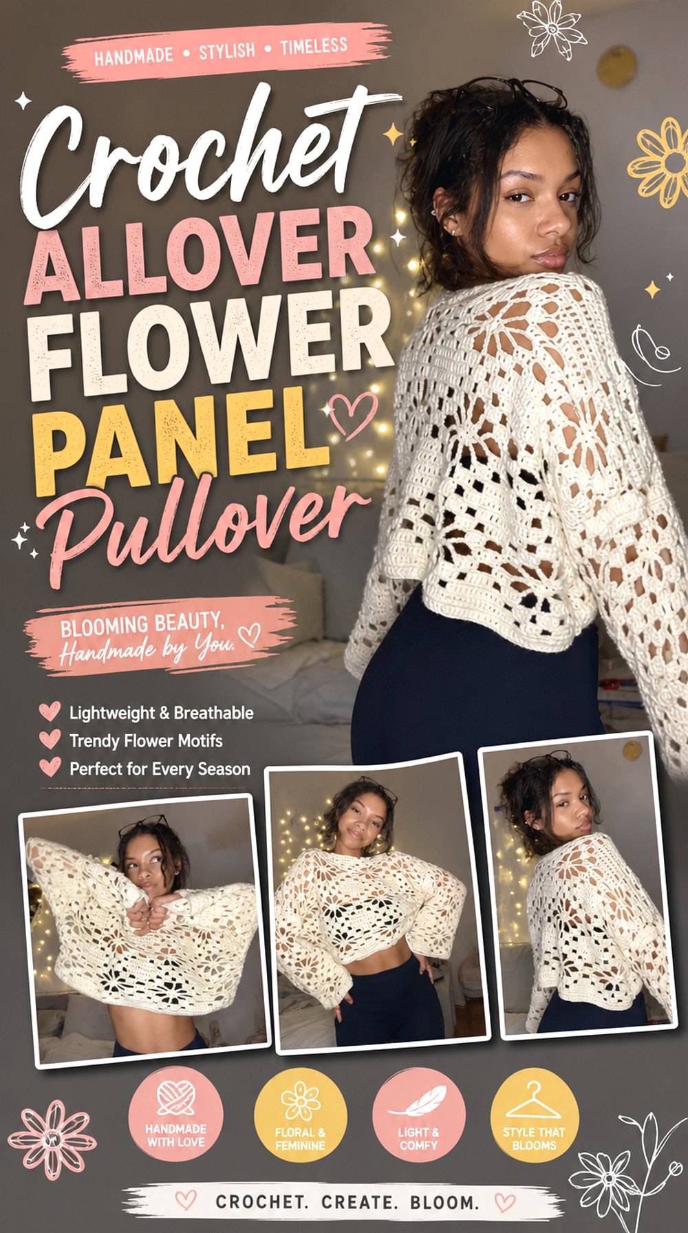 Crochet Allover Flower Panel Pullover