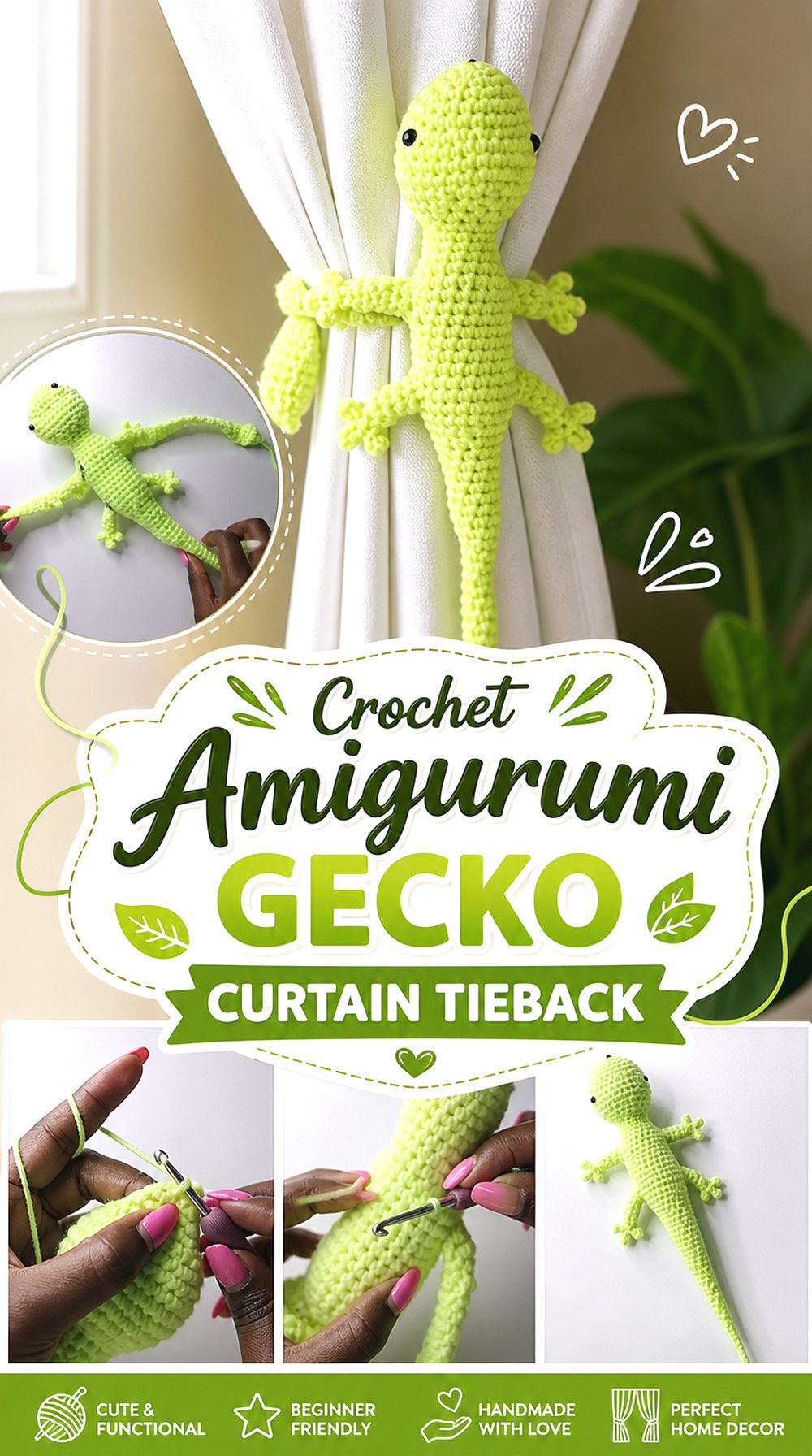 Crochet Amigurumi Gecko Curtain Tieback