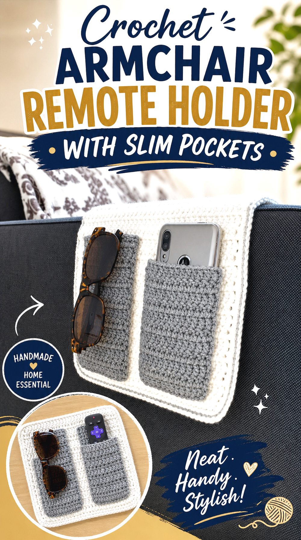 Crochet Armchair Remote Holder with Slim Pockets