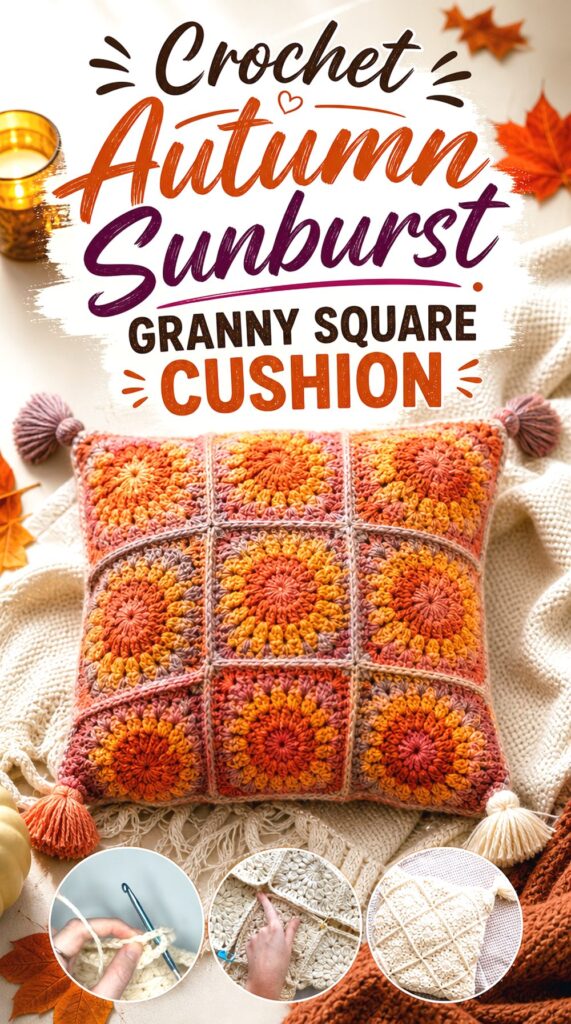 Crochet Autumn Sunburst Granny Square Cushion