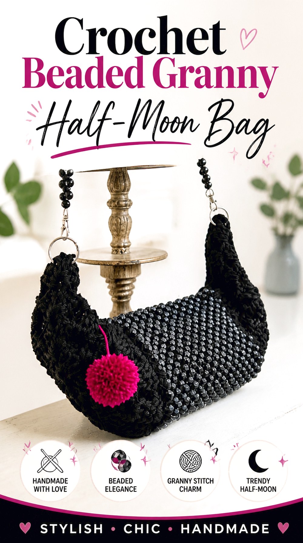 Crochet Beaded Granny Half Moon Bag