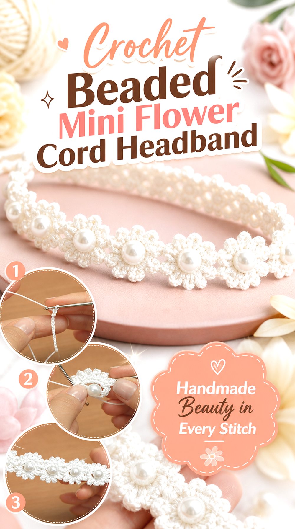 Crochet Beaded Mini Flower Cord Headband