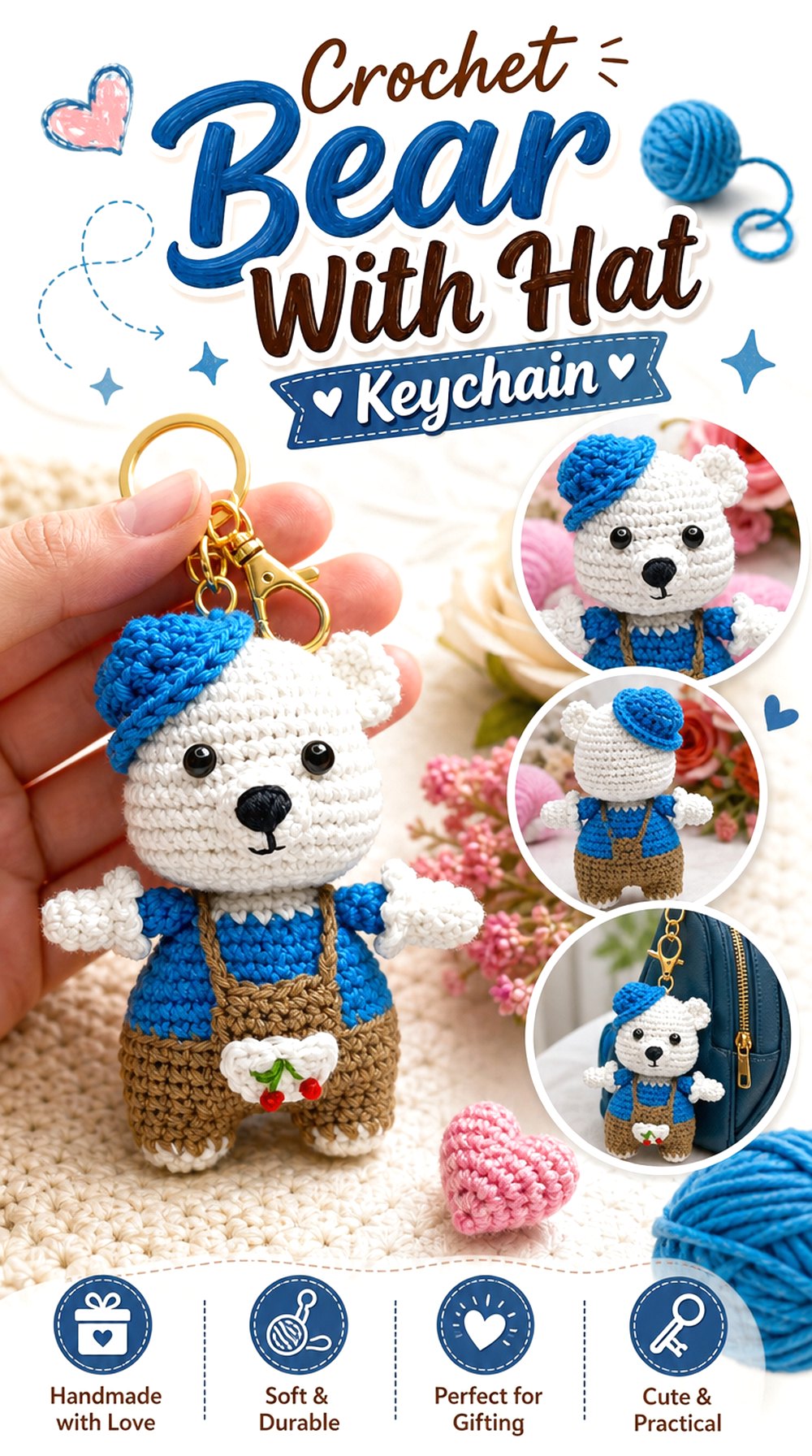 Crochet Bear With Hat Keychain