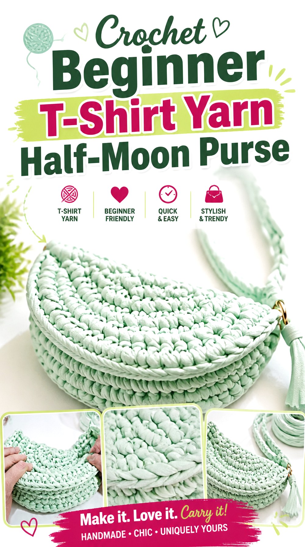 Crochet Beginner T Shirt Yarn Half Moon Purse