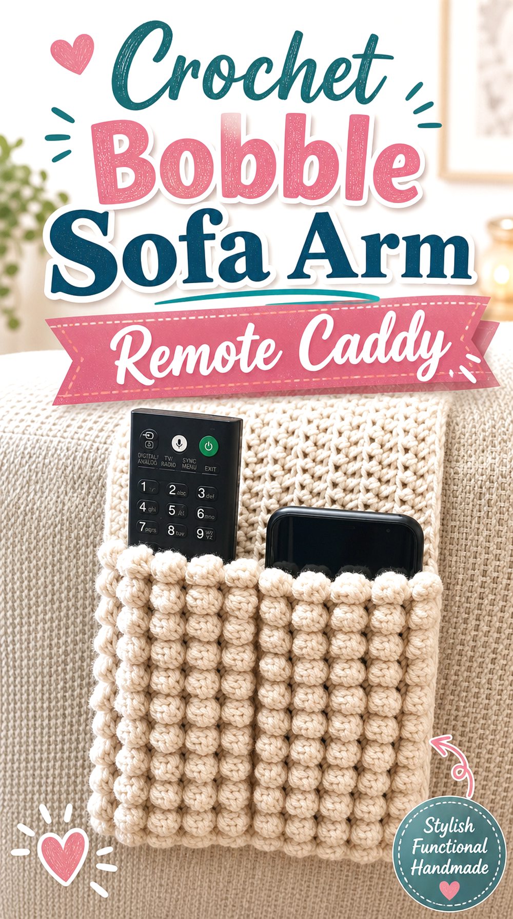 Crochet Bobble Sofa Arm Remote Caddy