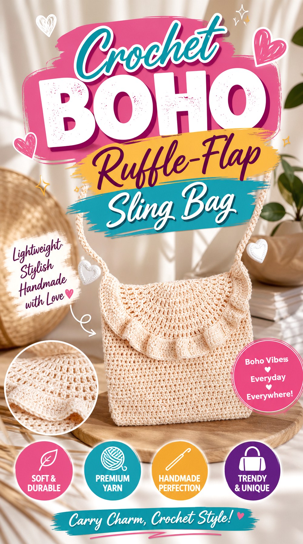 Crochet Boho Ruffle Flap Sling Bag