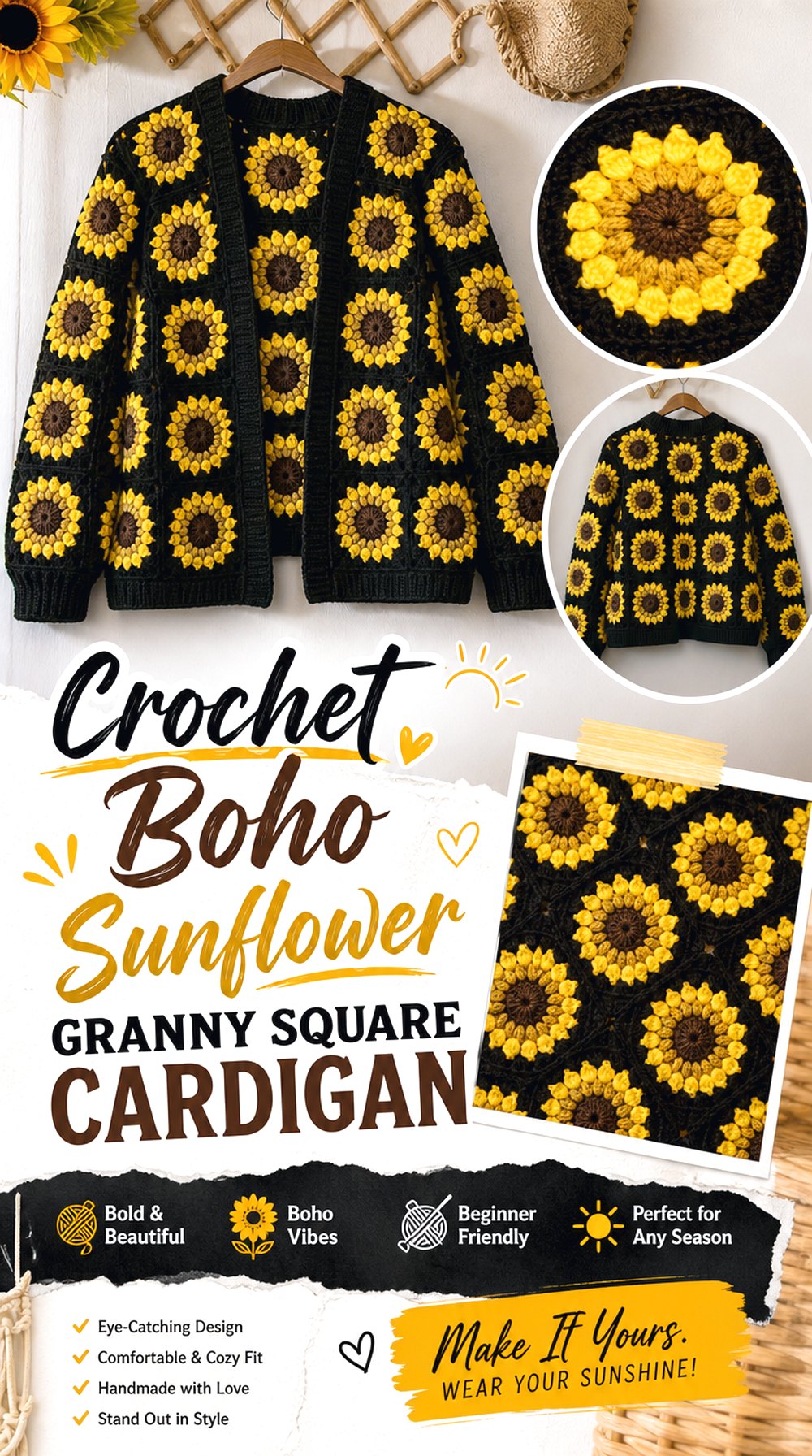 Crochet Boho Sunflower Granny Square Cardigan
