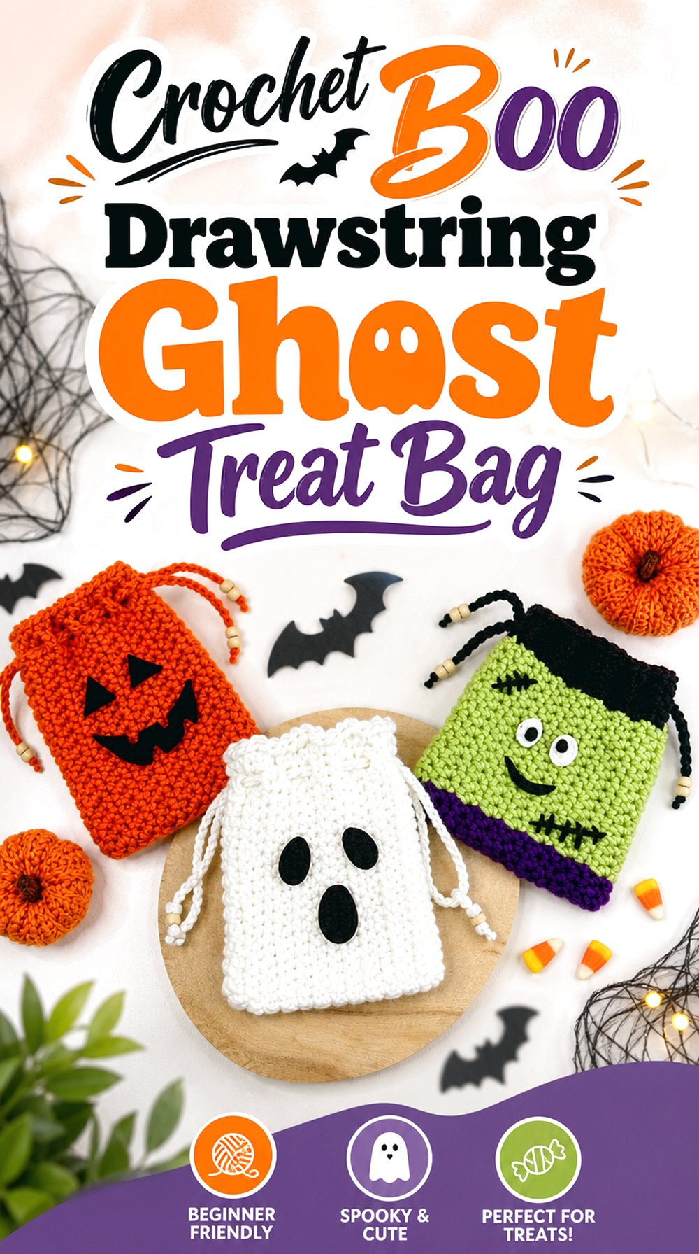 Crochet Boo Drawstring Ghost Treat Bag