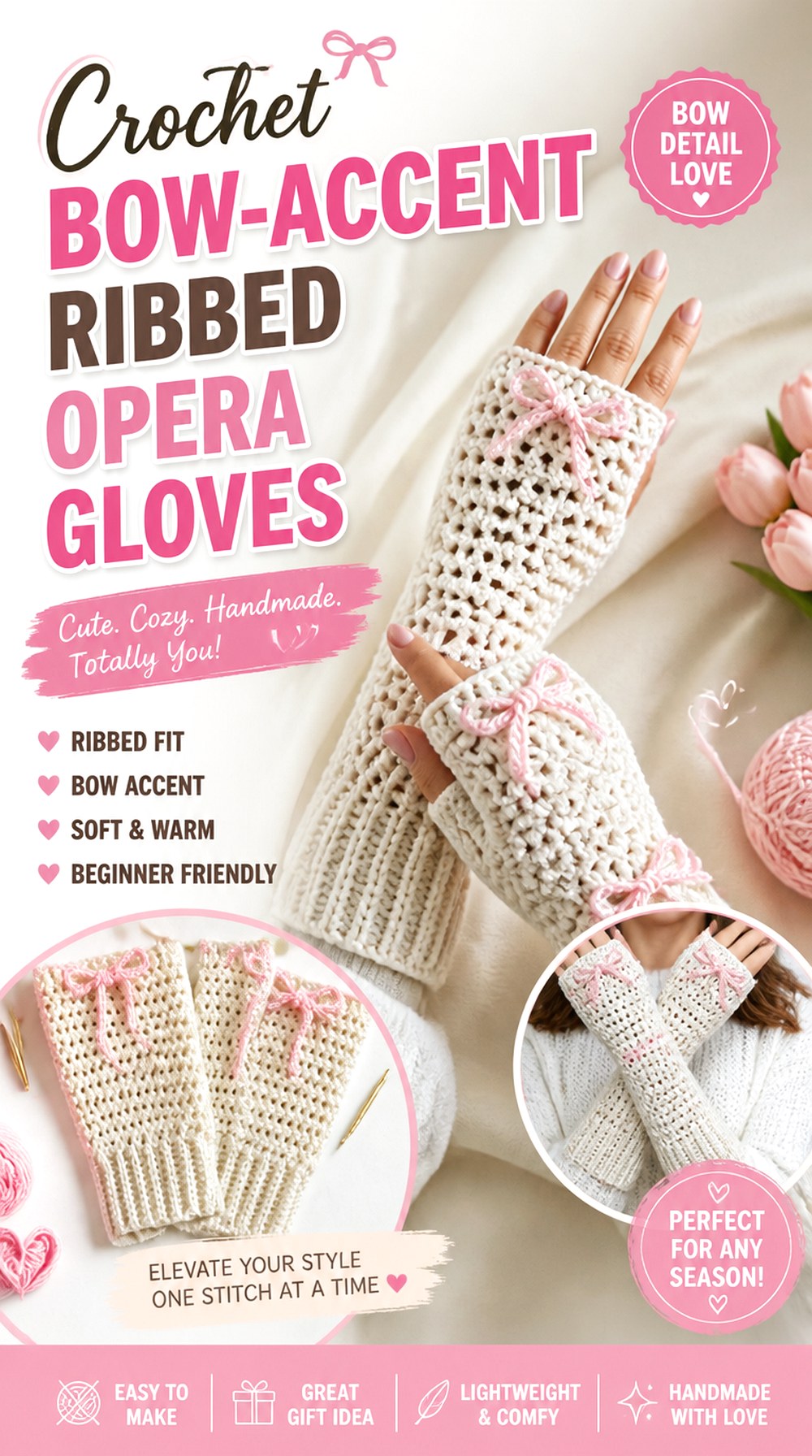 Crochet Bow Accent Ribbed Opera Gloves