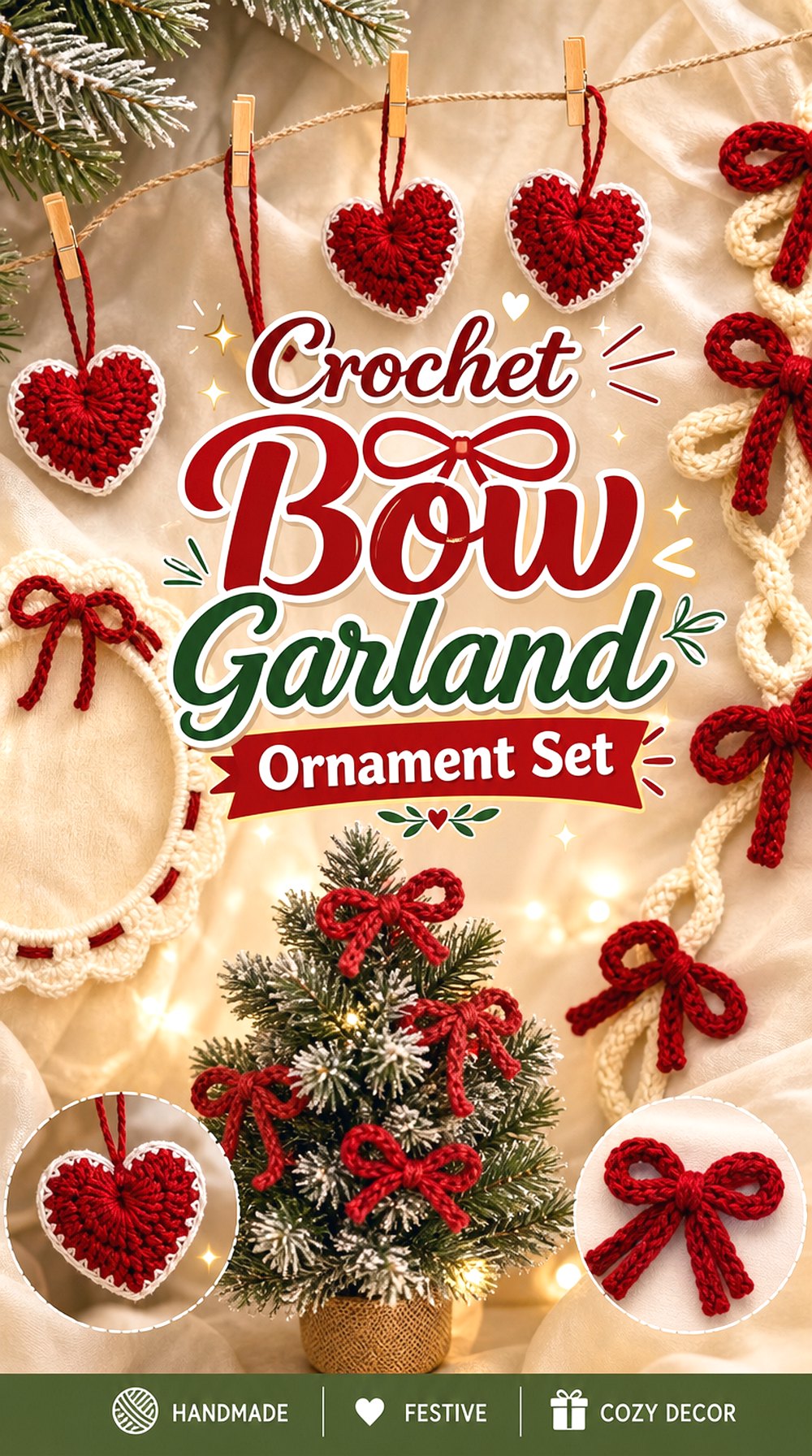 Crochet Bow Garland Ornament Set